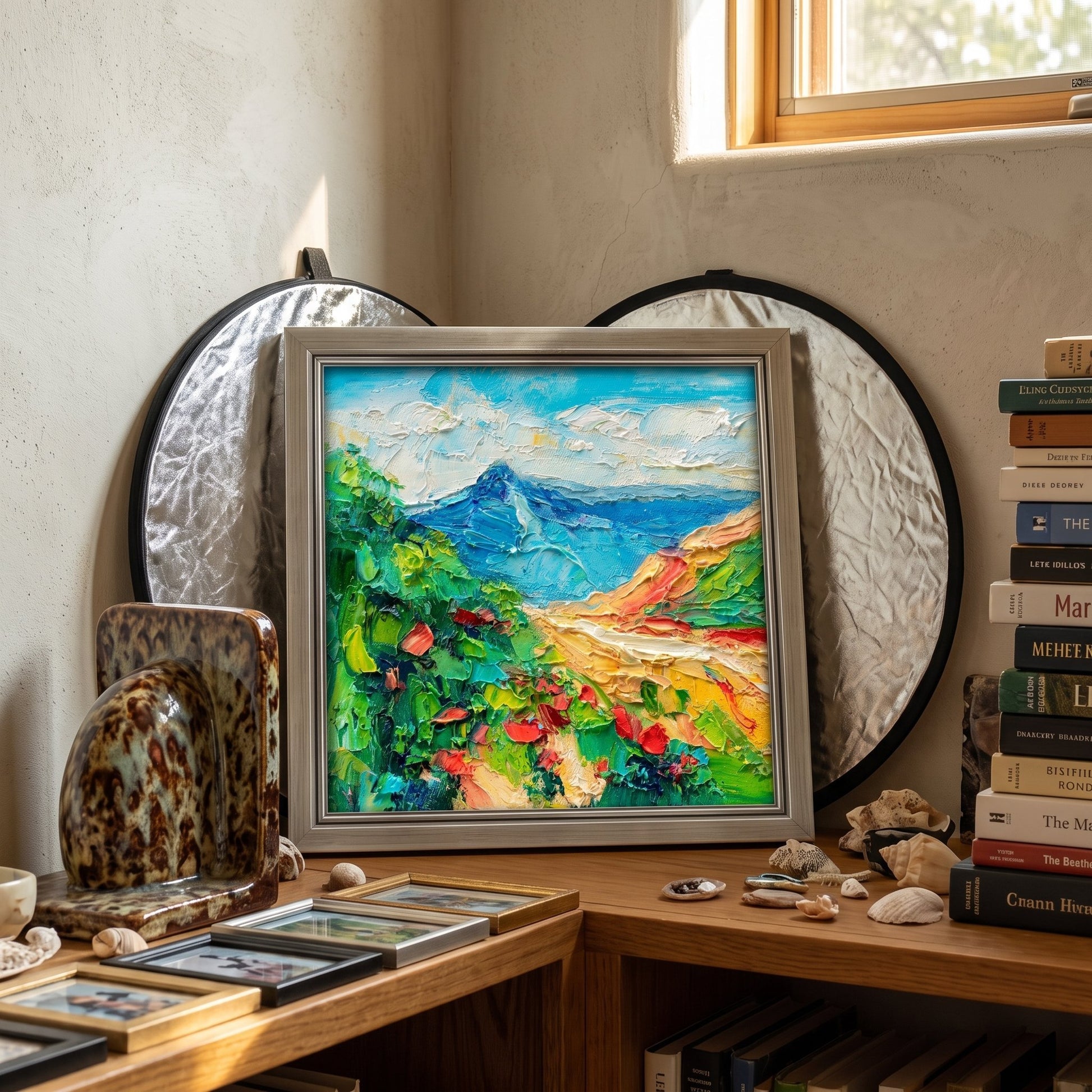 Eclectic study — vibrant Impressionist landscape elevates the space with bold color and textured energy