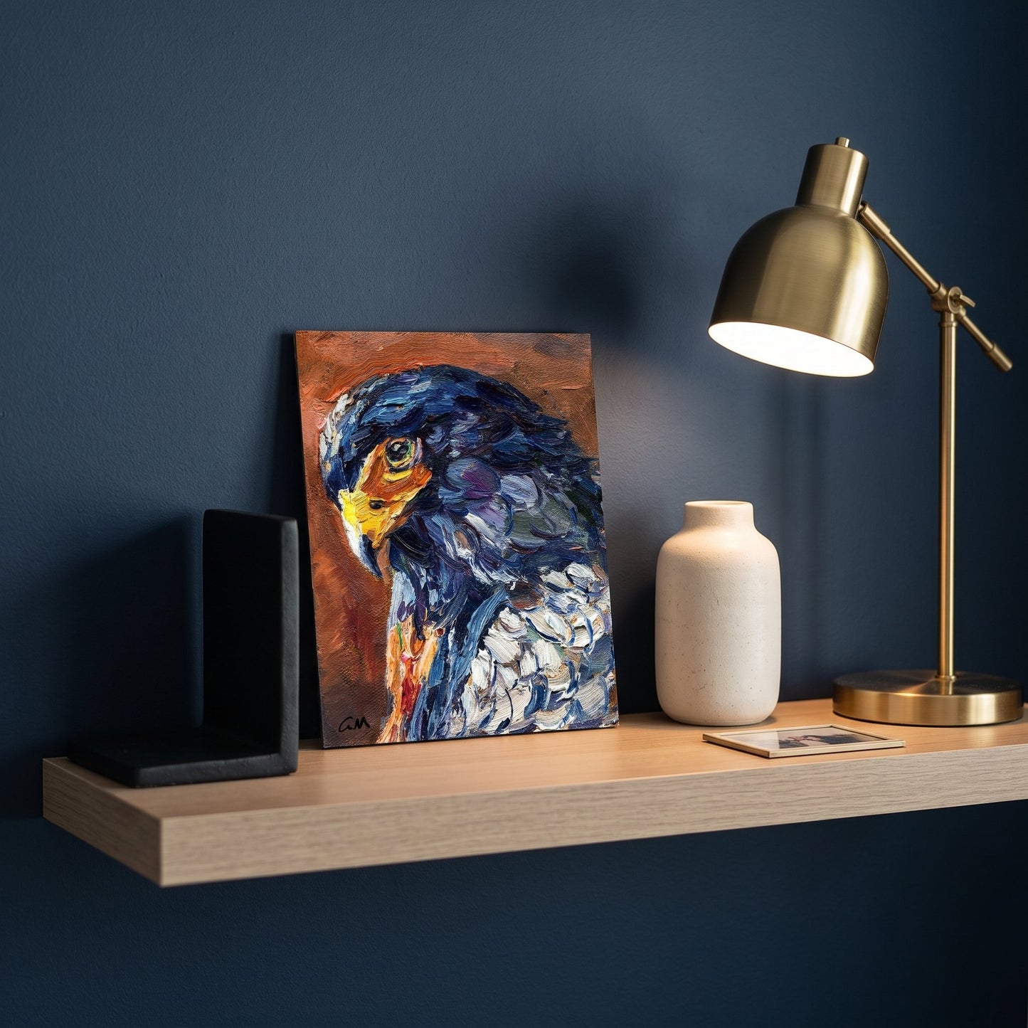 Contemporary study — Expressive bird portrait elevates minimalist space with bold color and texture