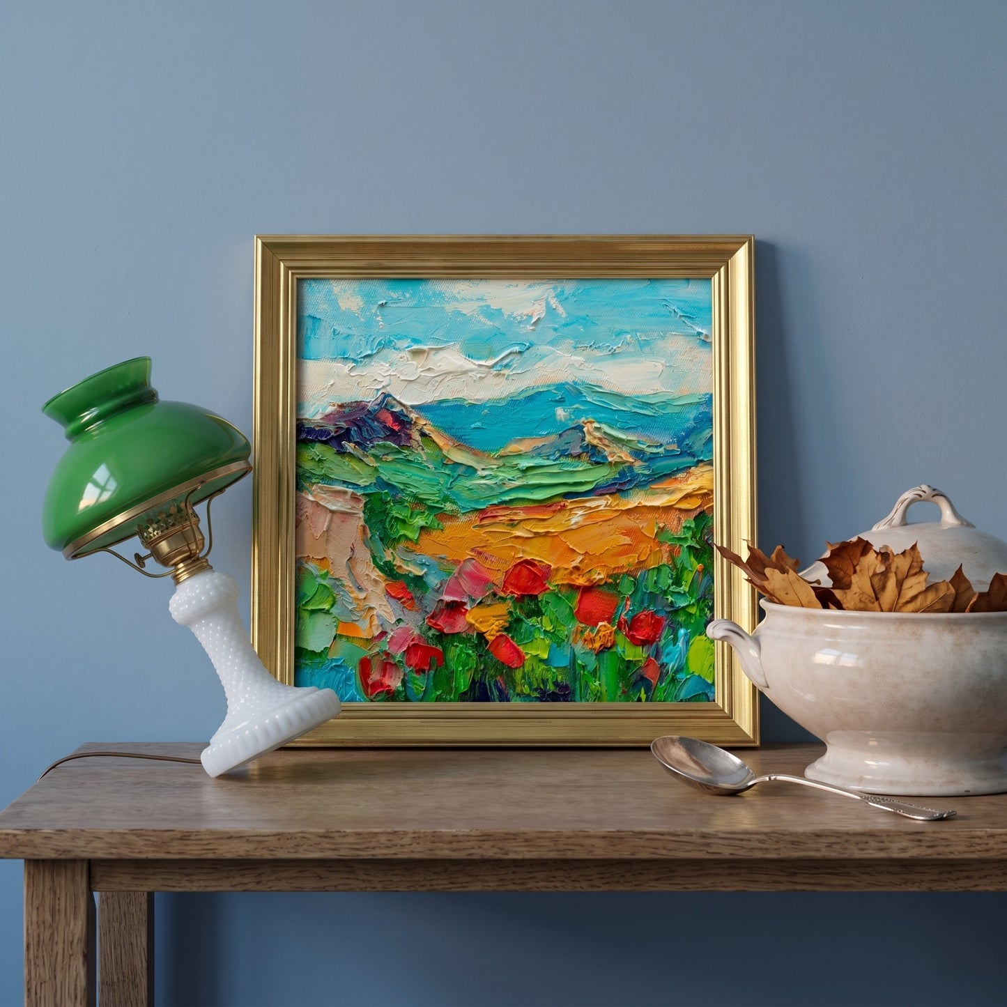 Rustic Farmhouse Entryway — Vibrant Impressionist Landscape Adds Color and Warmth to Cozy Console Display