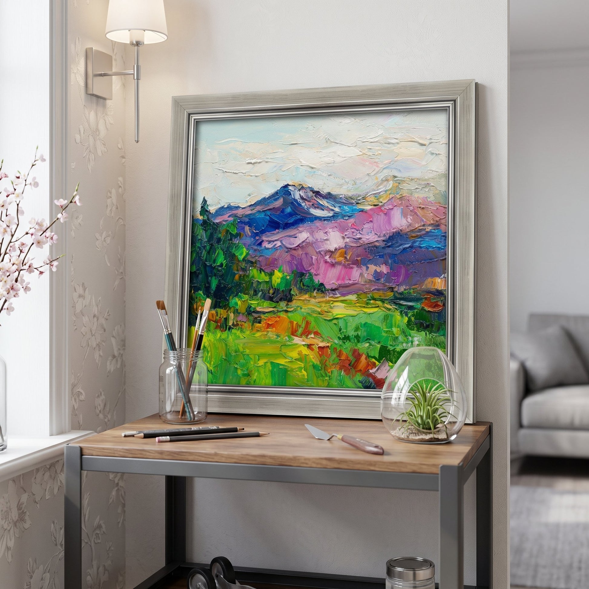 Contemporary living room — vibrant Impressionist landscape elevates neutral space with bold color and texture