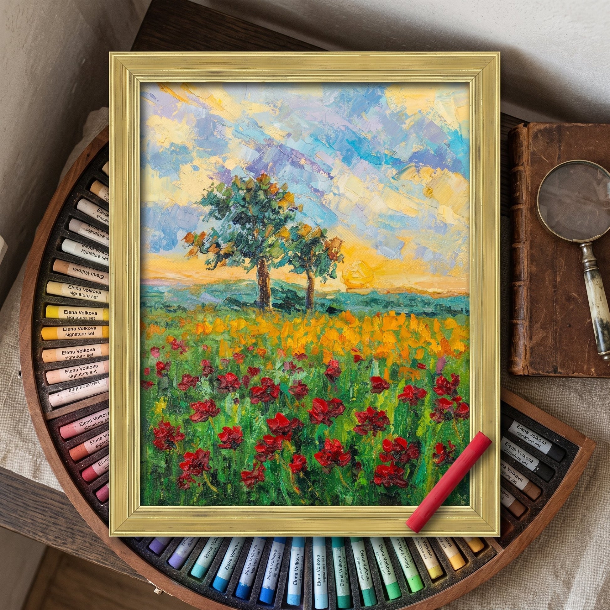 Artist's studio, eclectic decor — vibrant Impressionist landscape transforms workspace into inspiring gallery
