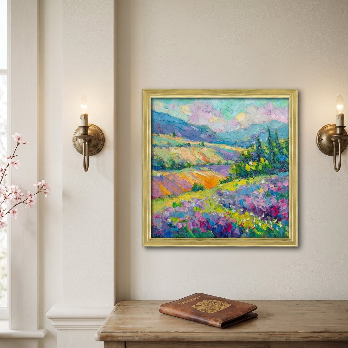 Transitional entryway — vibrant Impressionist landscape painting transforms neutral space with color and serenity