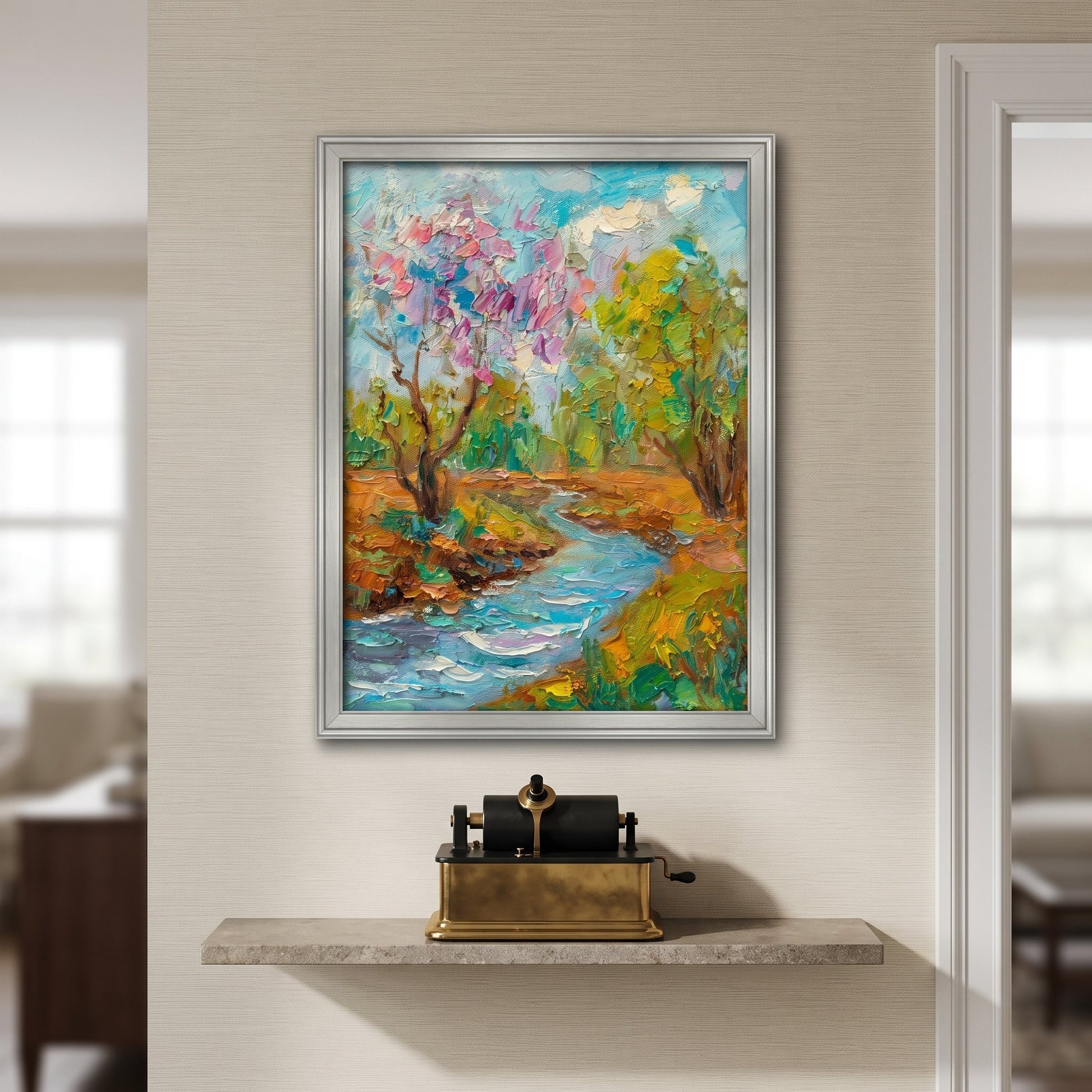 Contemporary entryway — vibrant Impressionist landscape painting adds color and serenity to minimalist space