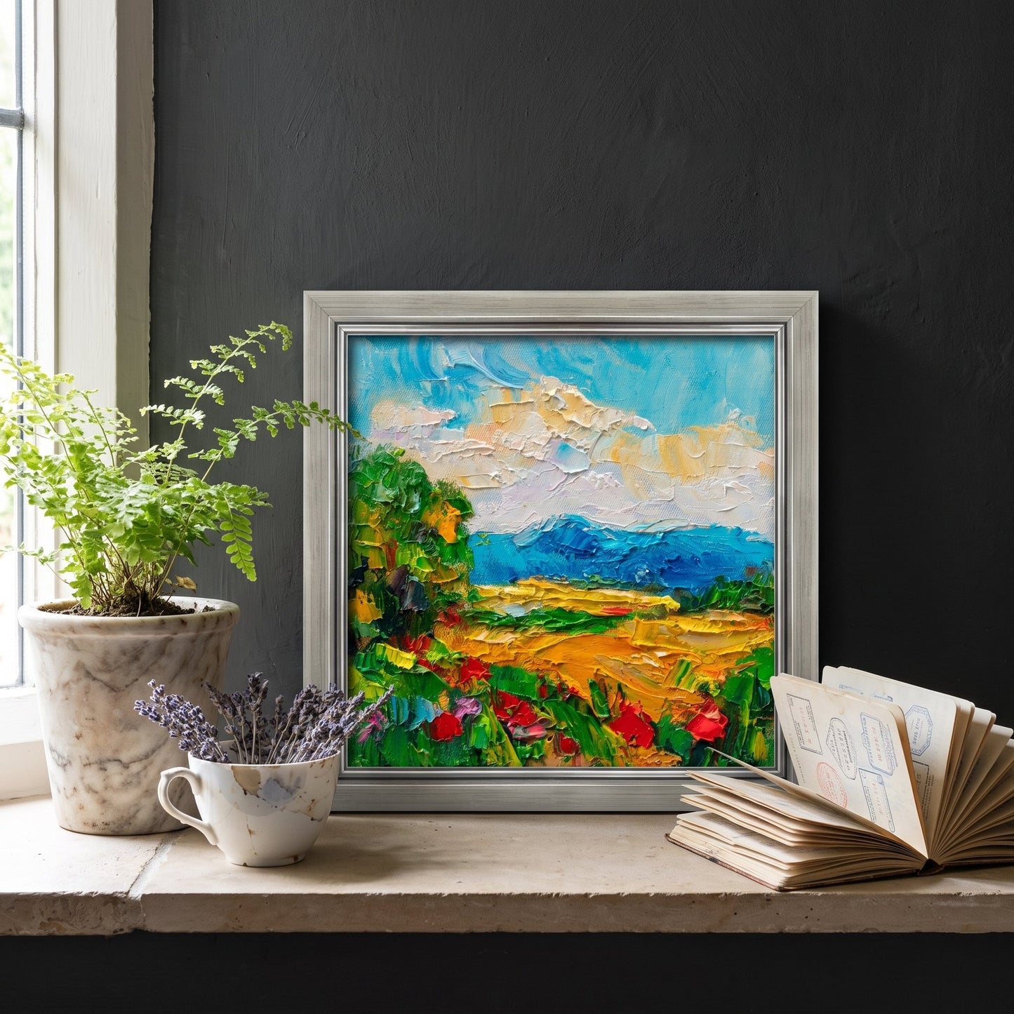 Contemporary living room — vibrant Impressionist landscape transforms a minimalist space with color and texture
