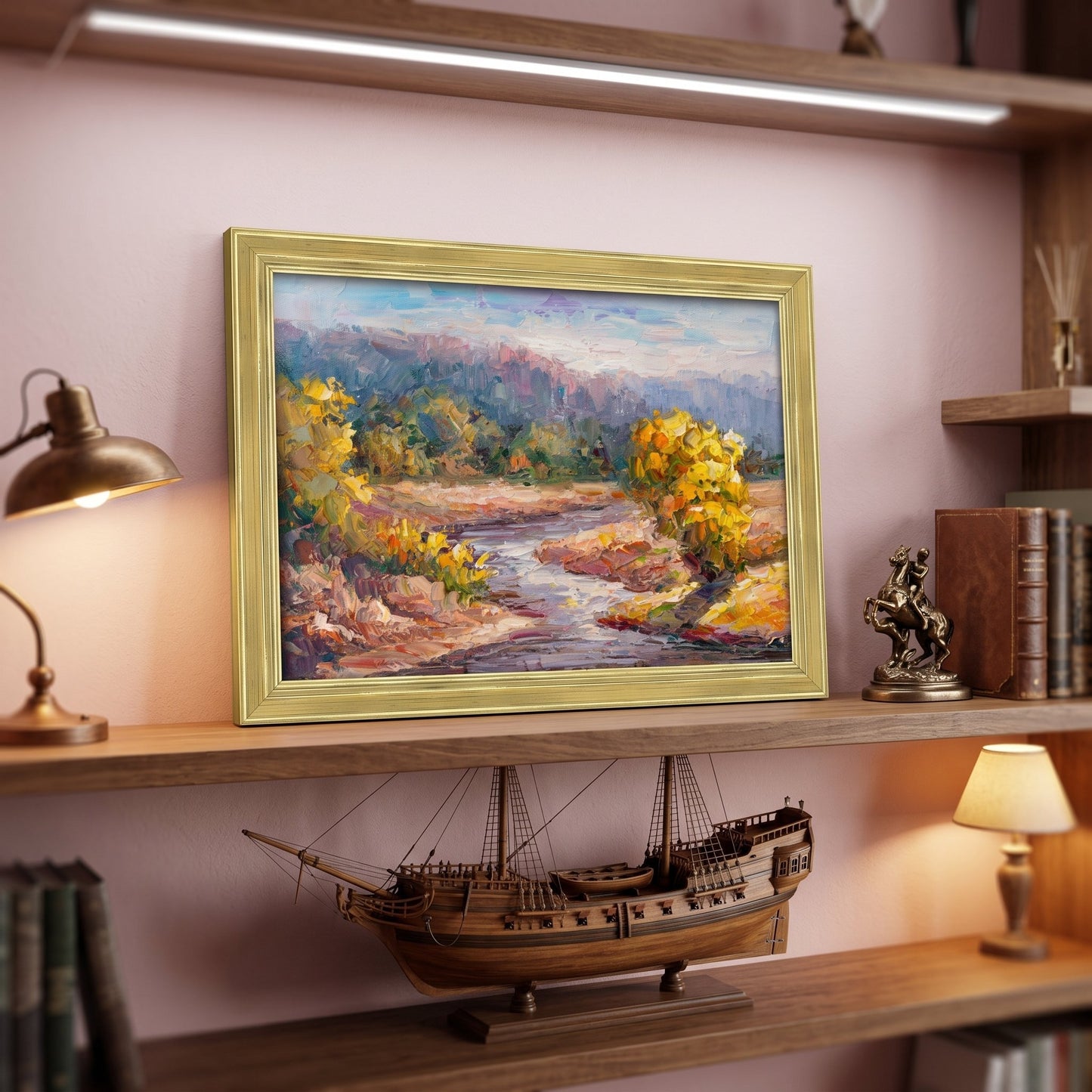 Rustic Farmhouse Study — Original Impressionist Landscape Painting Adds Warmth and Natural Elegance to Cozy Reading Nook