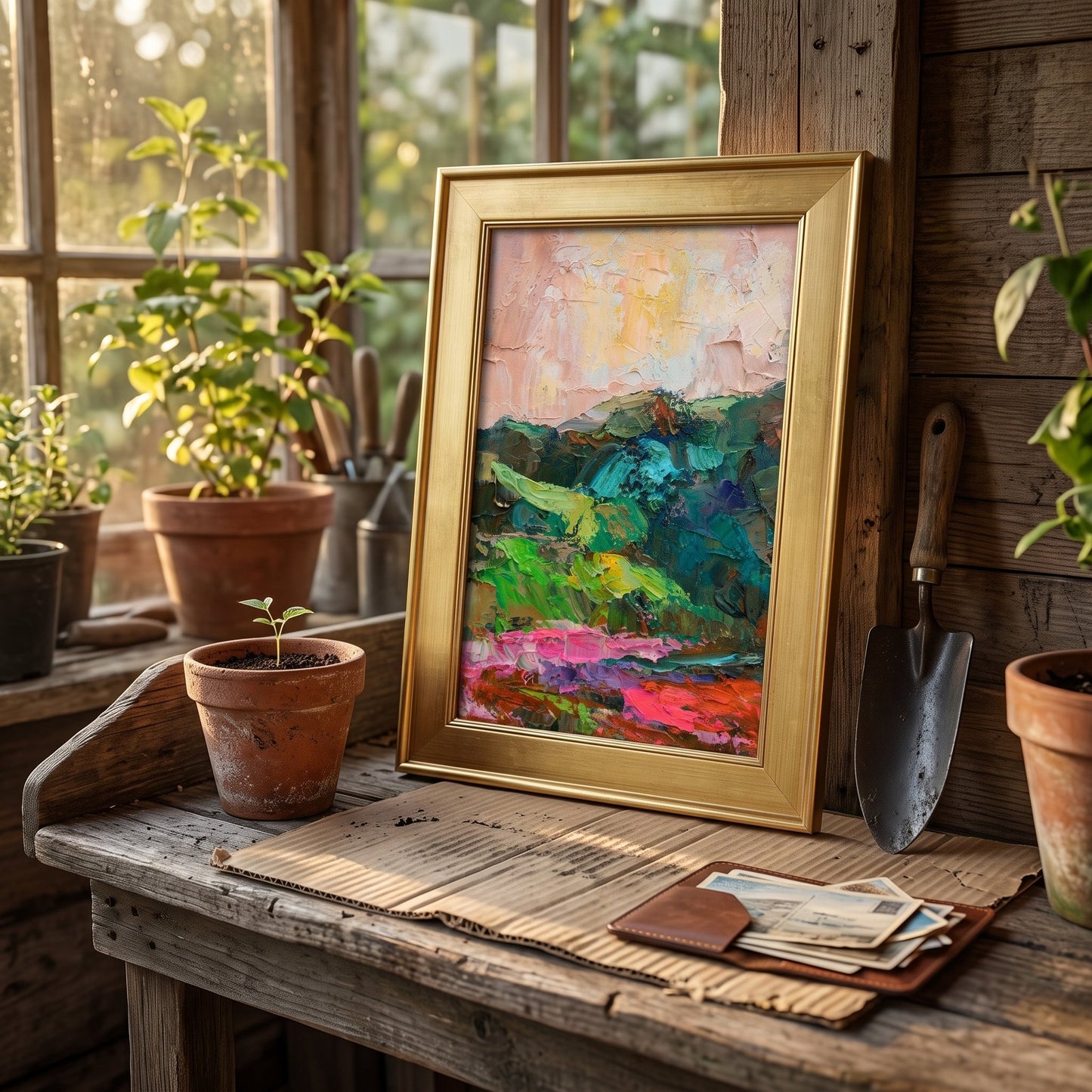 Rustic Farmhouse Sunroom — Vibrant expressionist landscape painting elevates natural ambiance with bold colors and textured brushwork