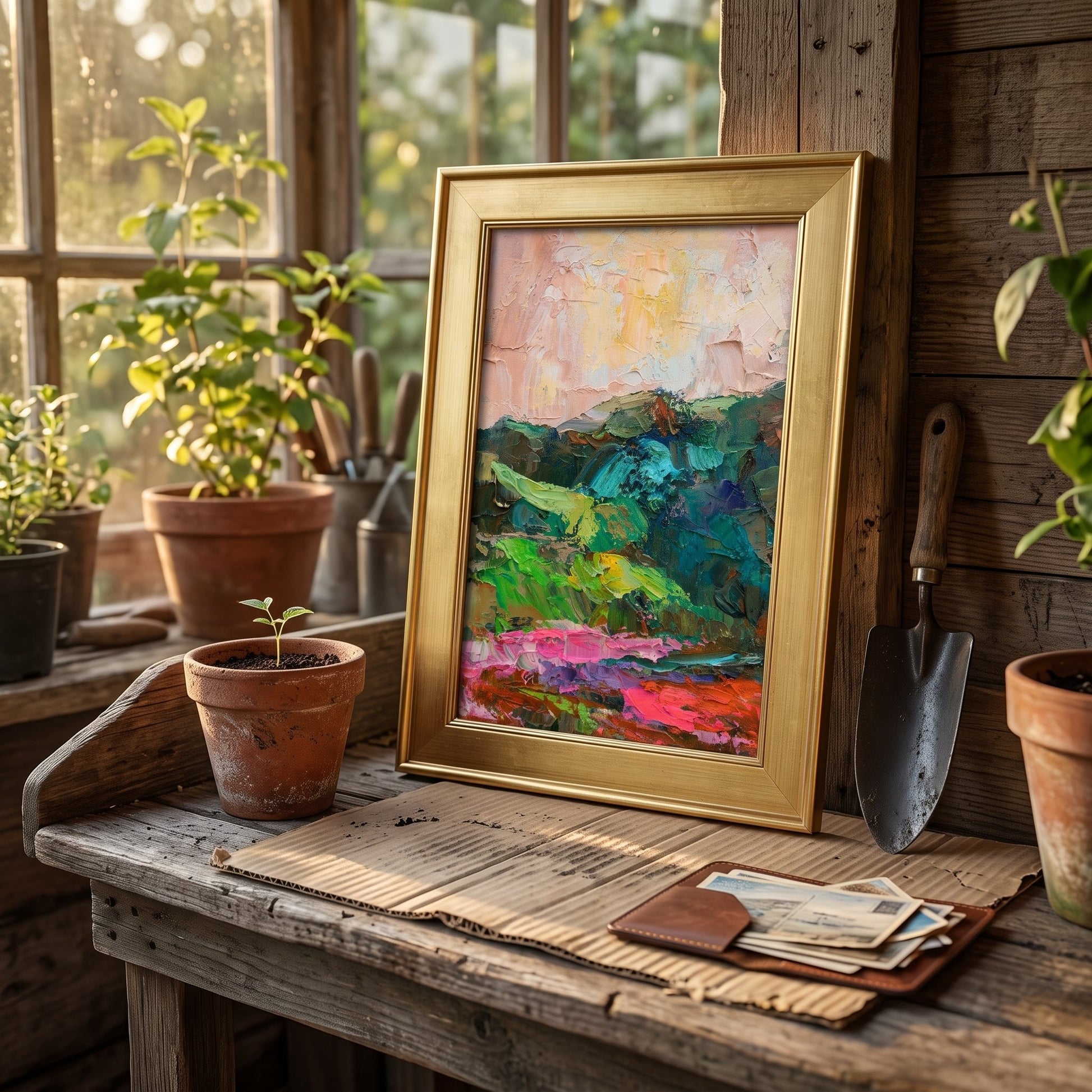 Rustic Farmhouse Sunroom — Vibrant expressionist landscape painting elevates natural ambiance with bold colors and textured brushwork