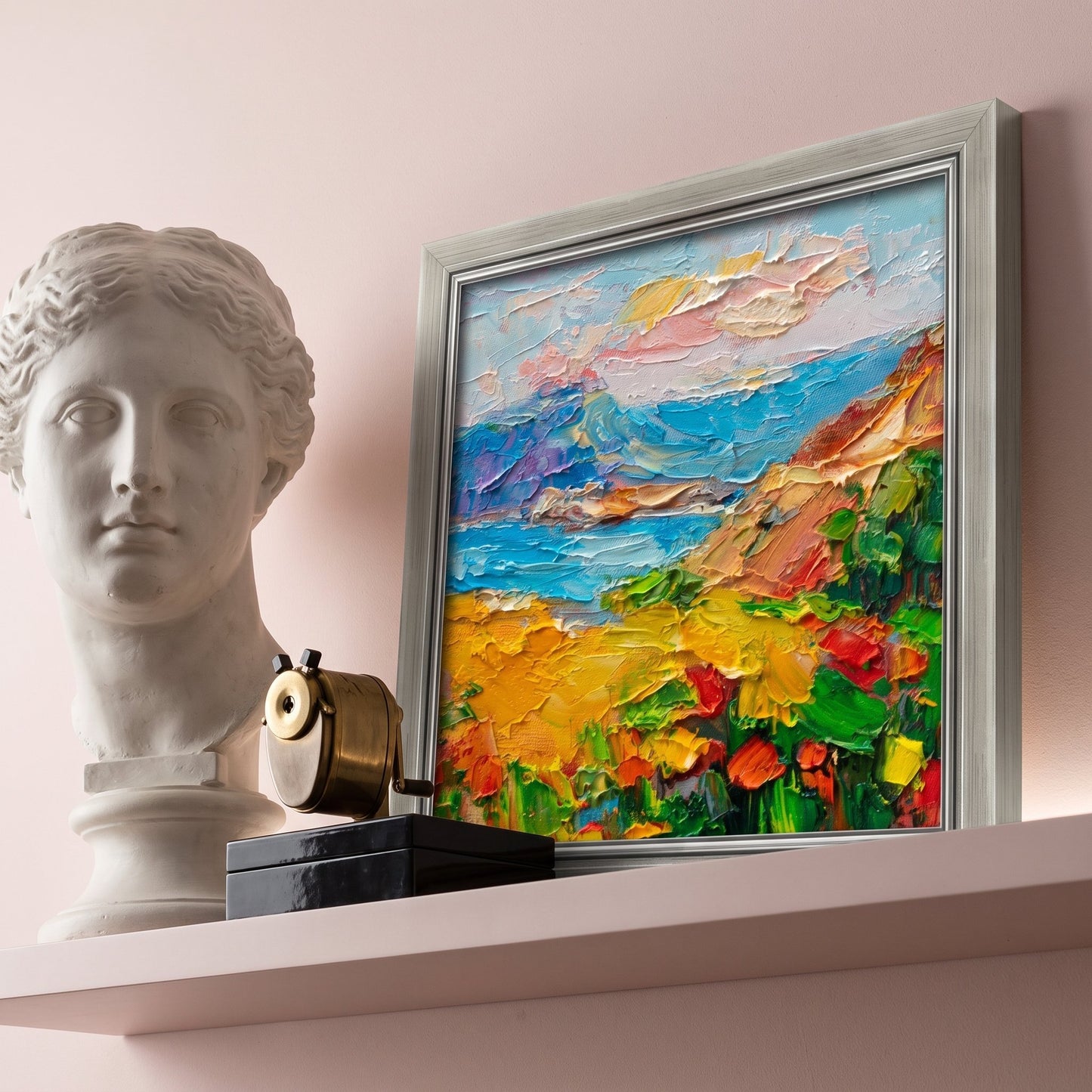 Contemporary entryway — vibrant Impressionist landscape transforms minimalist space with bold color and texture