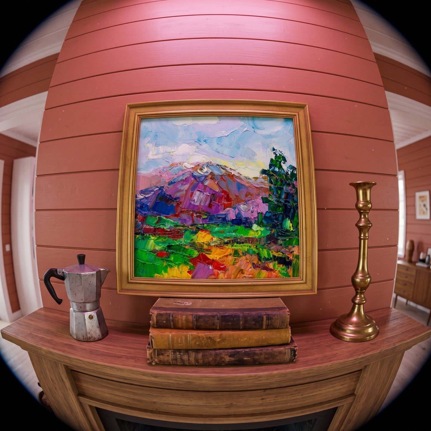 Rustic Farmhouse Entryway — Vibrant expressionist landscape painting elevates warm wood tones with bold color and texture