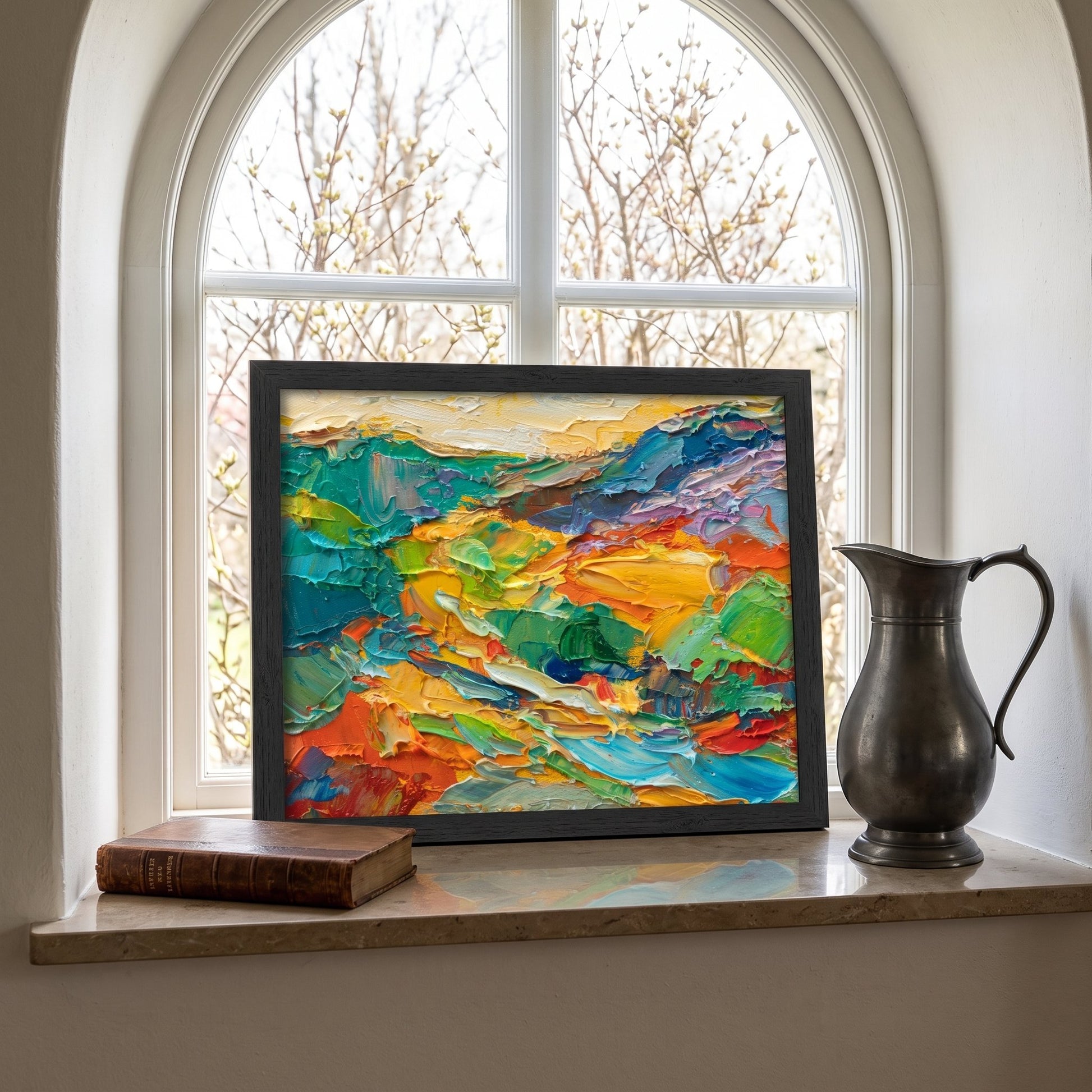 RusticFarmhouseReadingNook — VibrantExpressionistLandscapePaintingAddsColorAndDepthToSereneSpace