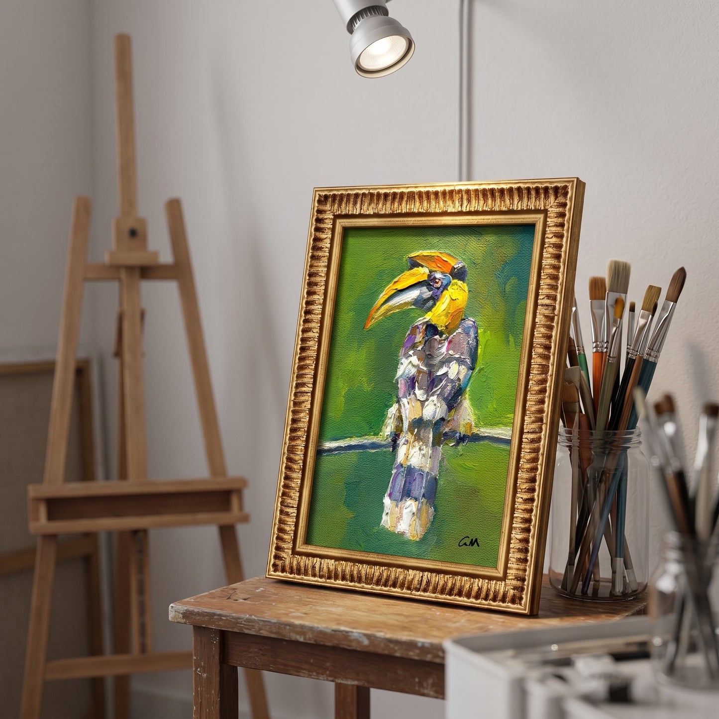 Artist's studio, minimalist decor — expressive bird painting adds vibrant focal point with bold colors and texture