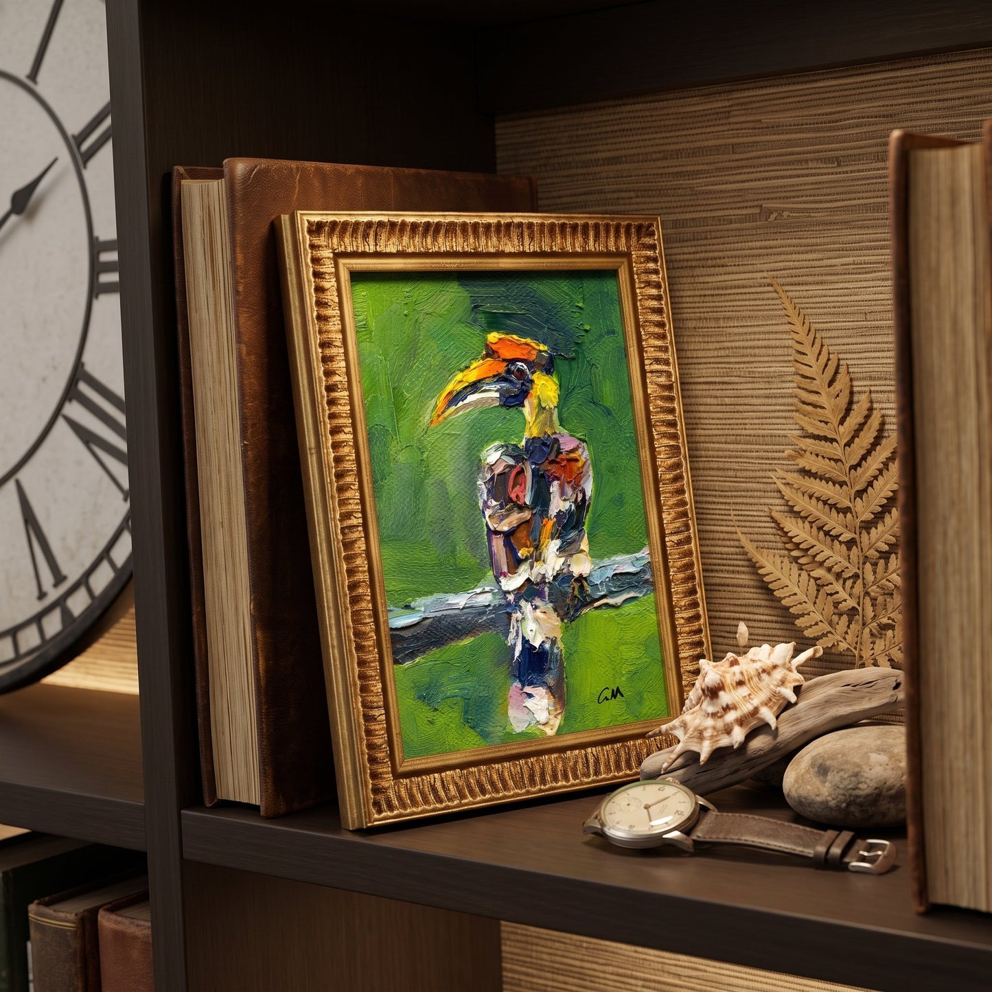 Rustic Farmhouse Study — Vibrant expressionist bird painting elevates natural decor with bold color and texture