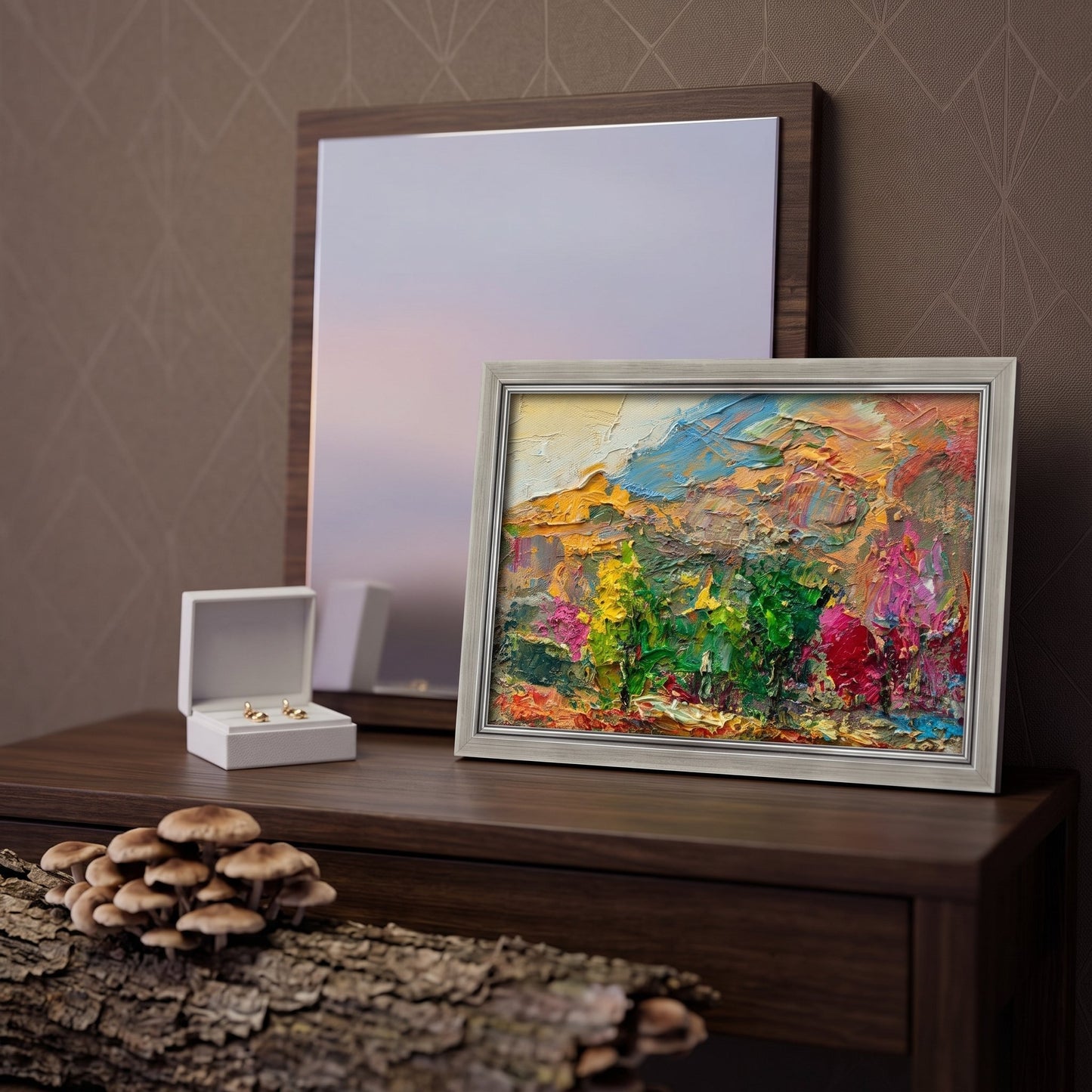 Contemporary bedroom — Vibrant expressionist landscape elevates minimalist decor with bold color and texture