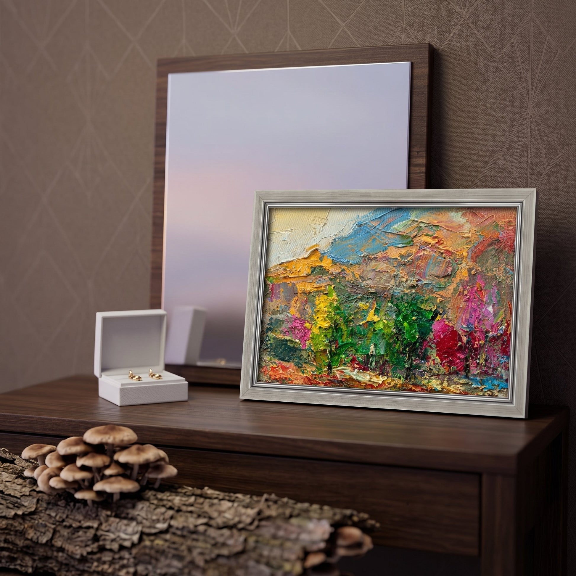Contemporary bedroom — Vibrant expressionist landscape elevates minimalist decor with bold color and texture
