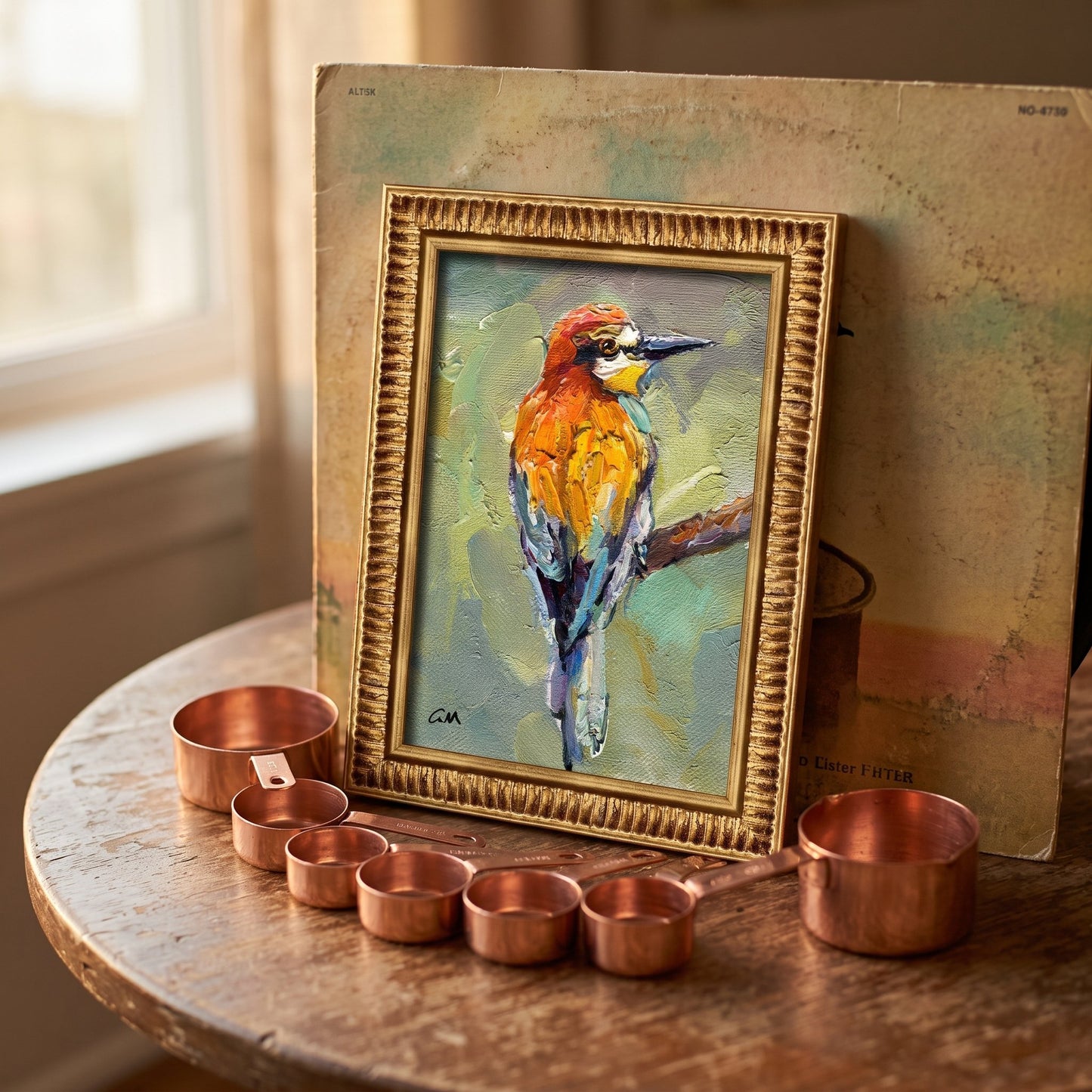 Rustic farmhouse kitchen — vibrant bird painting adds color and life to a vintage-inspired space