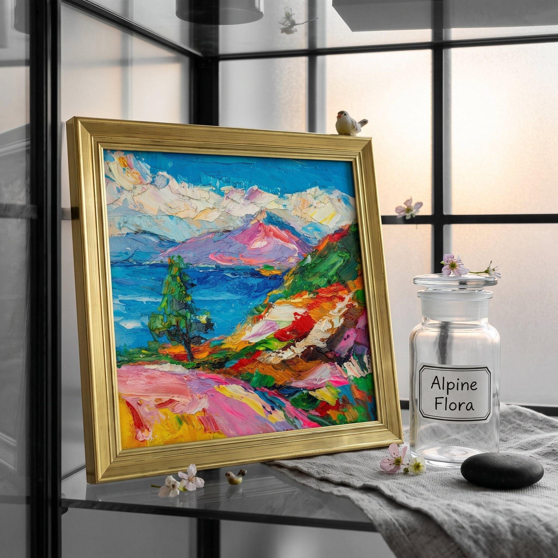 Modern minimalist entryway — vibrant expressionist landscape painting transforms the space with bold color and texture