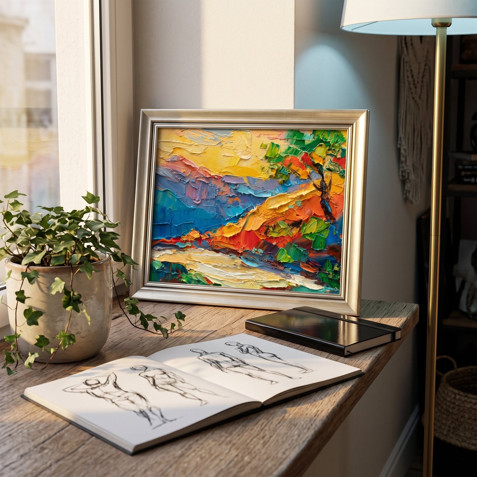 Contemporary home studio — vibrant Expressionist landscape elevates creative workspace with bold colors and textured energy