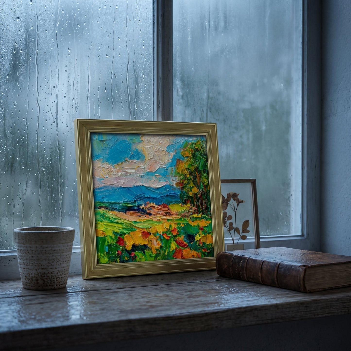 Rustic farmhouse bedroom reading nook — vibrant Impressionist landscape painting brings warmth and nature-inspired energy to a tranquil space
