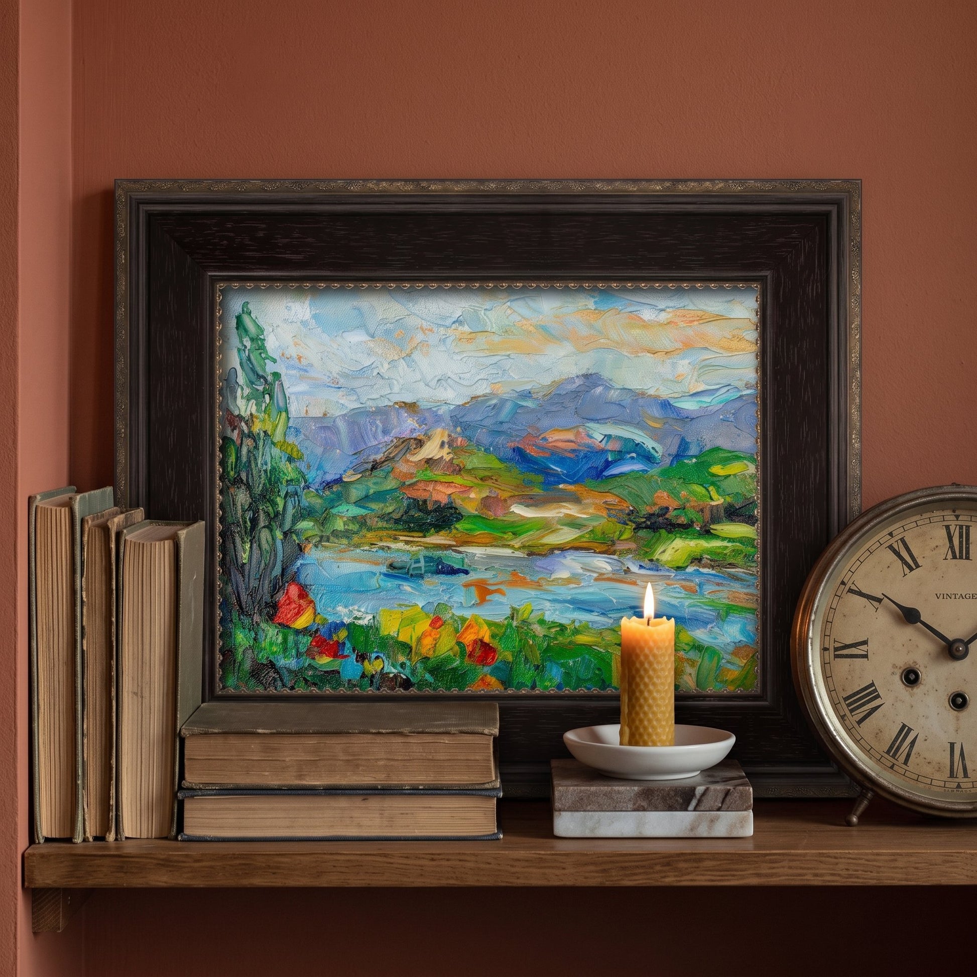 Rustic Farmhouse Study — Original Impressionist landscape elevates warm, vintage space with vibrant colors and textured brushwork