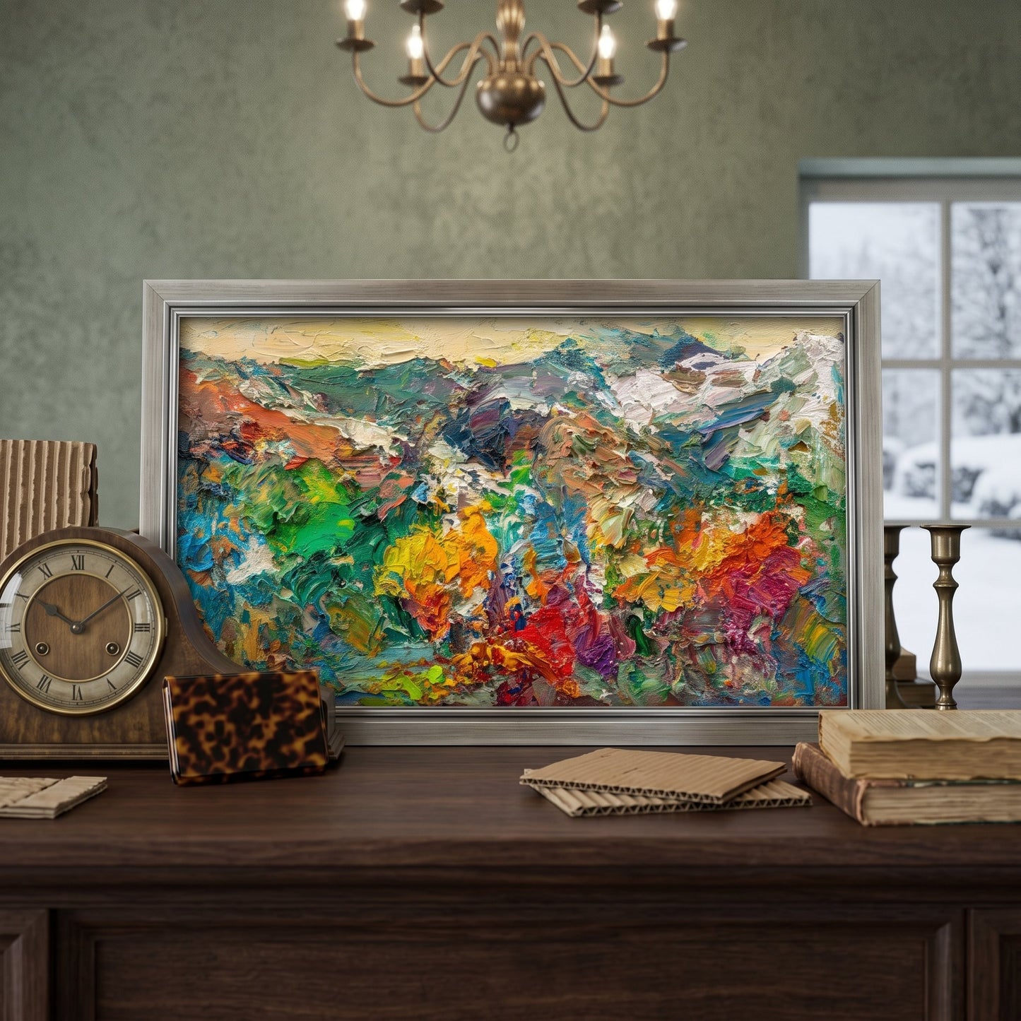Classic Study, Vintage Decor — Vibrant Expressionist Landscape Adds Artistic Energy to Traditional Space