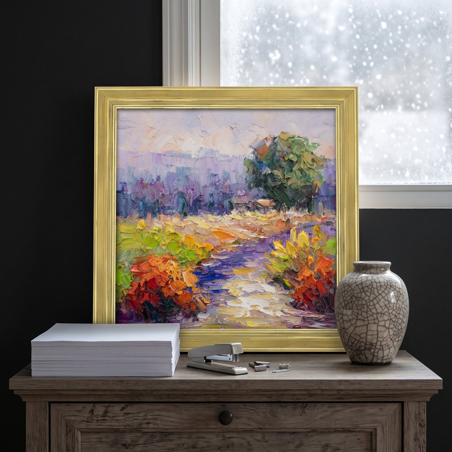 Contemporary study — vibrant Impressionist landscape transforms dark space with color and light