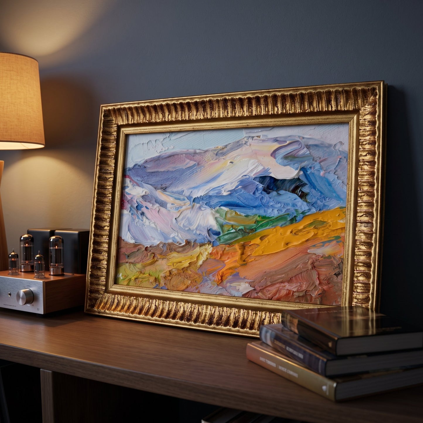 Contemporary study — expressive landscape painting adds vibrant color and texture to a minimalist space