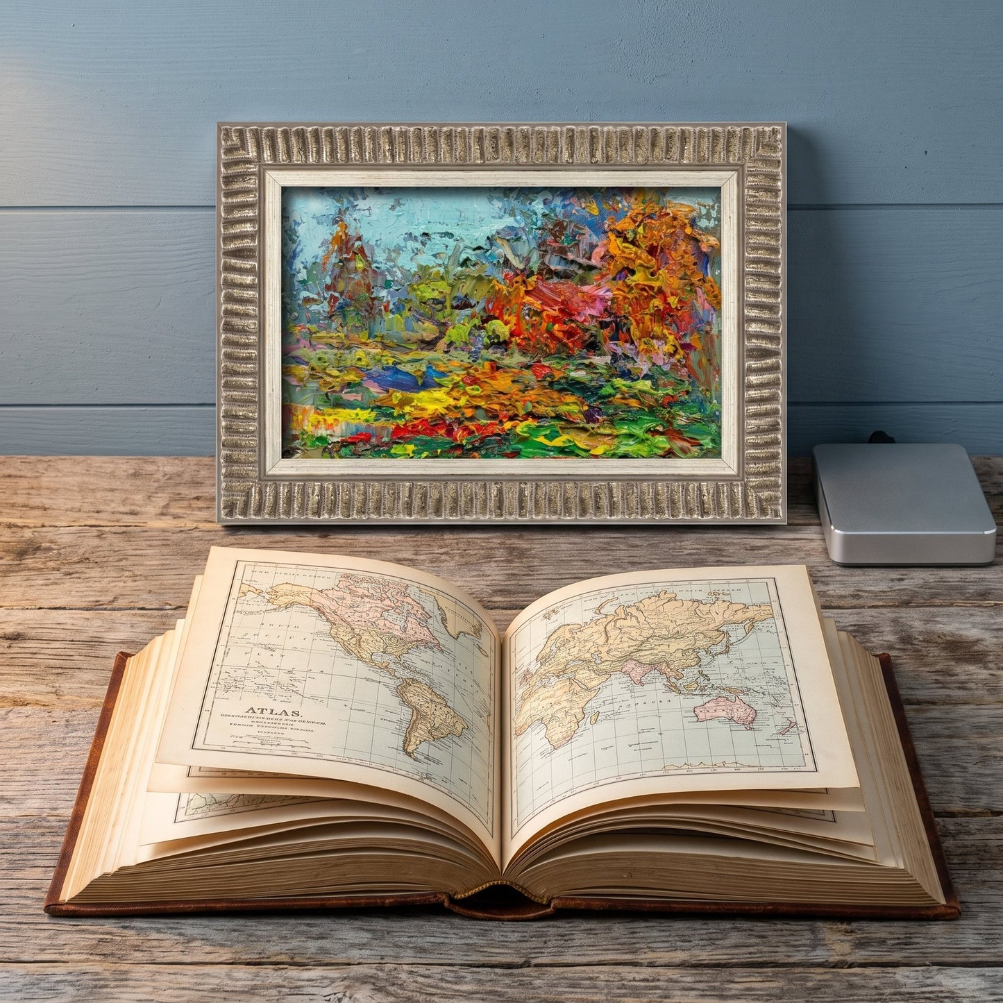 Rustic Farmhouse Study — Vibrant expressionist landscape painting adds warmth and artistic energy to a vintage-inspired workspace
