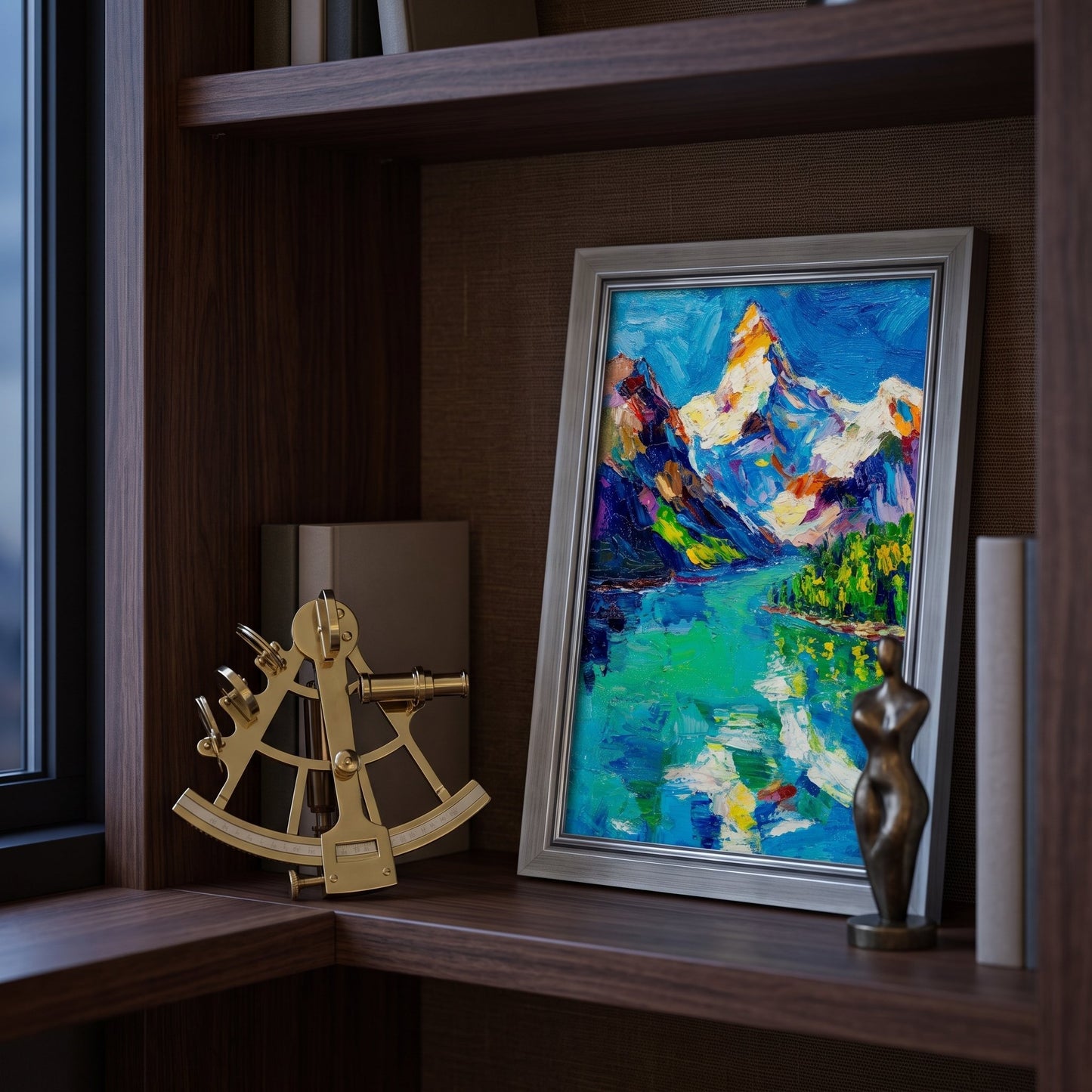 Home study, minimalist decor — vibrant Expressionist landscape painting adds dynamic color and artistic energy to the space