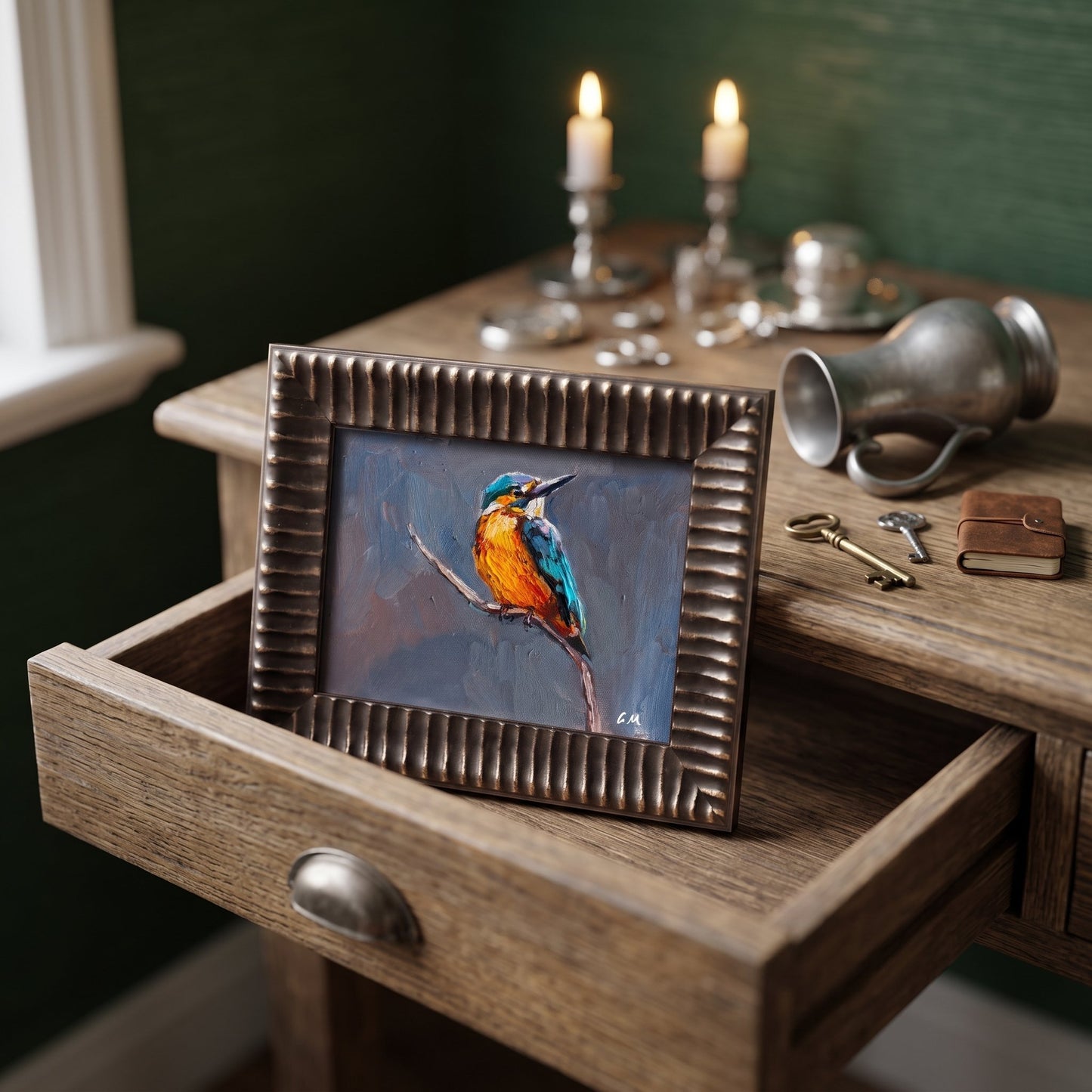 Rustic Farmhouse Study — A signed original oil painting of a kingfisher adds vibrant color and natural elegance to a vintage-inspired workspace
