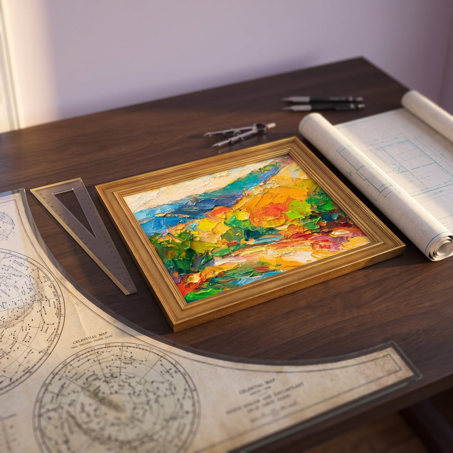 Study, MidCenturyModern — Vibrant abstract landscape painting elevates workspace with expressive color and texture