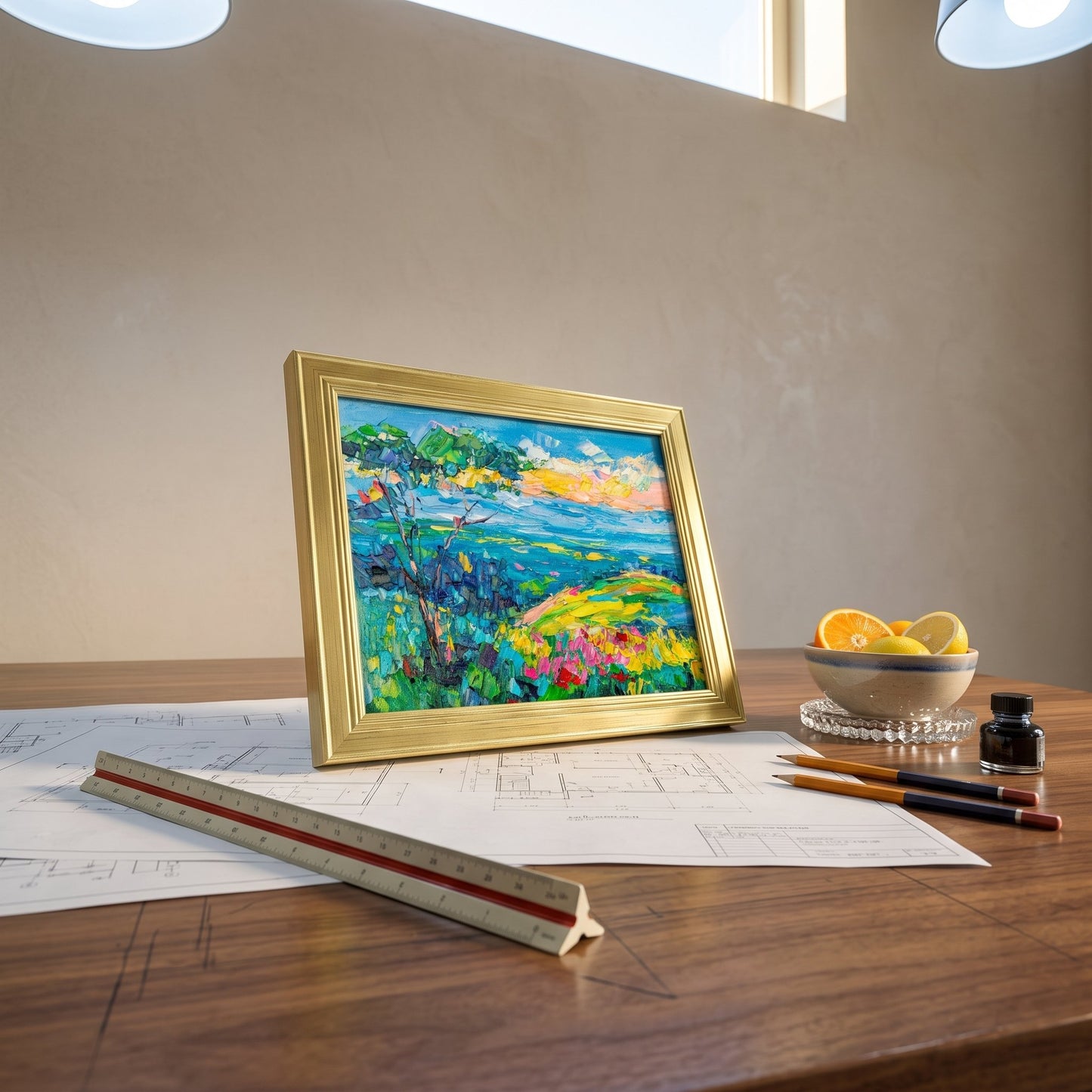 Minimalist home office — Vibrant Impressionist landscape elevates workspace with color and artistic energy