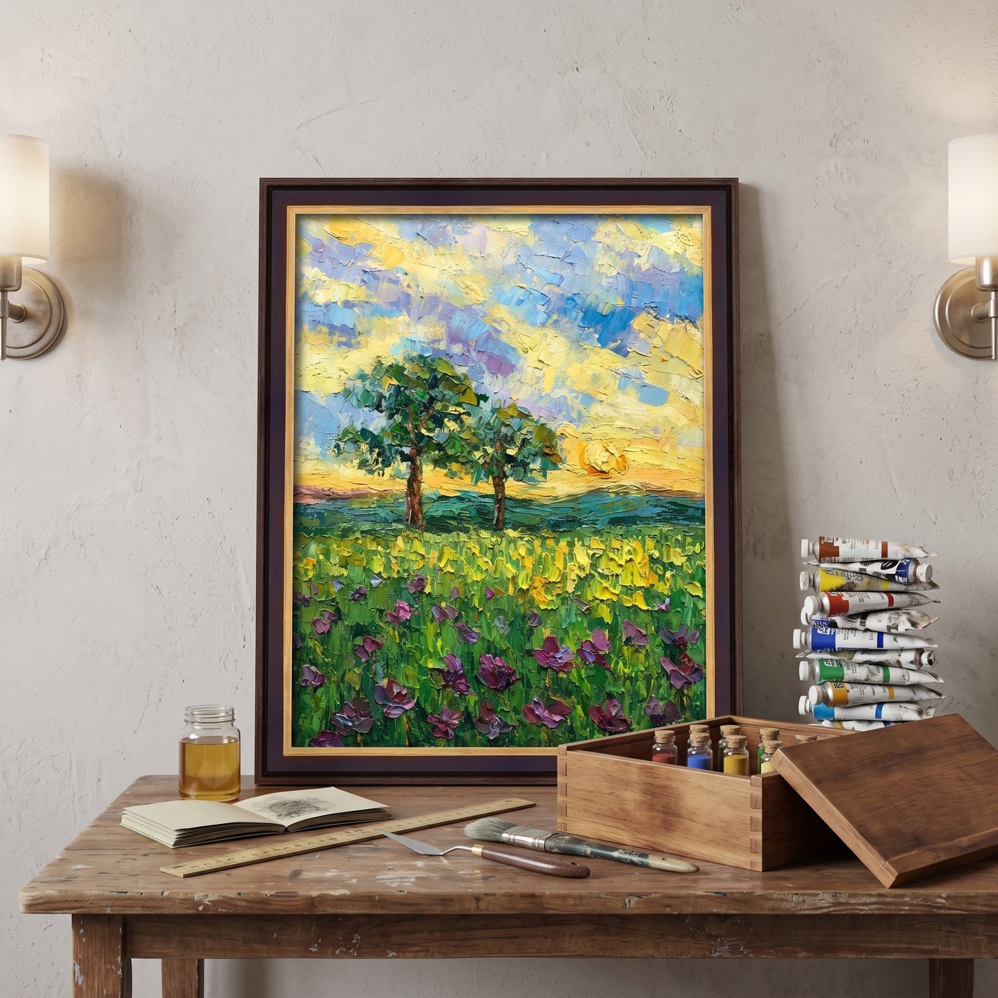 Rustic Farmhouse Study — Vibrant Impressionist landscape elevates the space with natural warmth and artistic depth