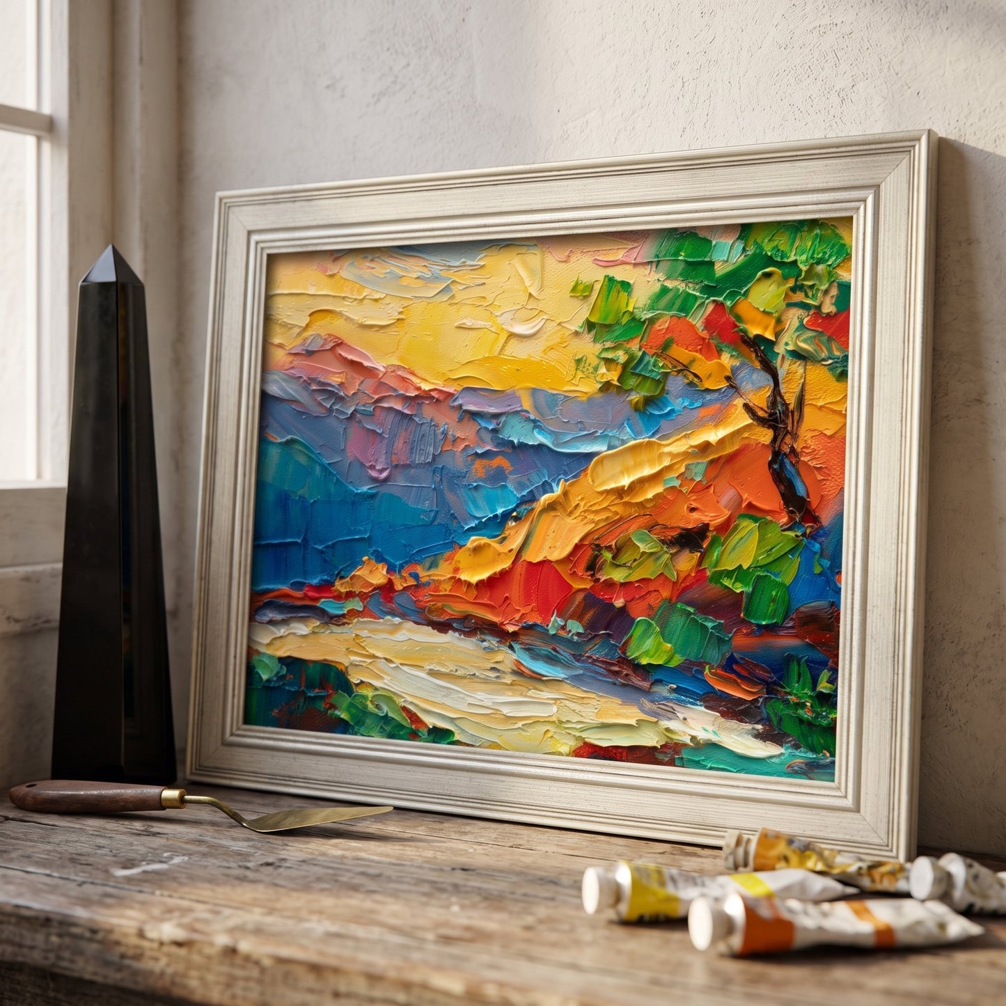 Rustic Farmhouse Studio — Vibrant Expressionist Landscape Transforms Workspace with Bold Color and Texture