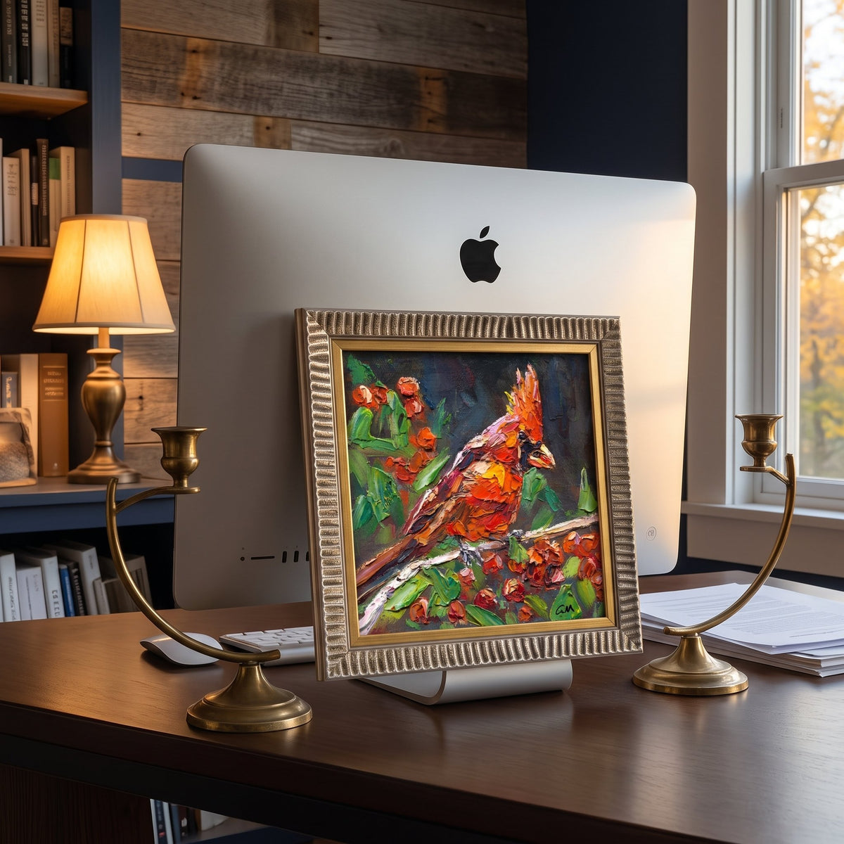 Home office, rustic farmhouse — expressive cardinal painting adds vibrant color and natural energy to the workspace