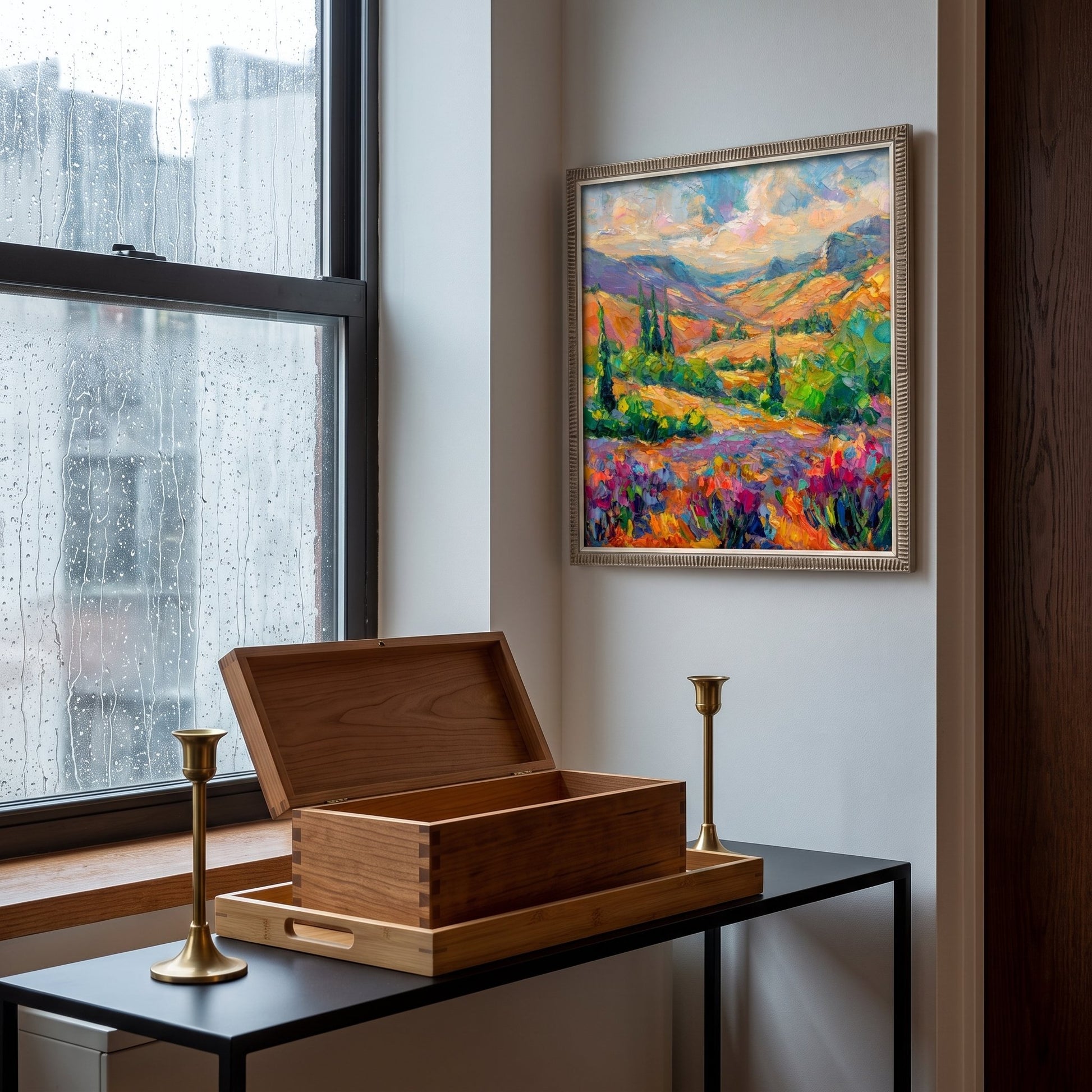 Contemporary entryway — vibrant Impressionist landscape transforms minimalist space with color and nature