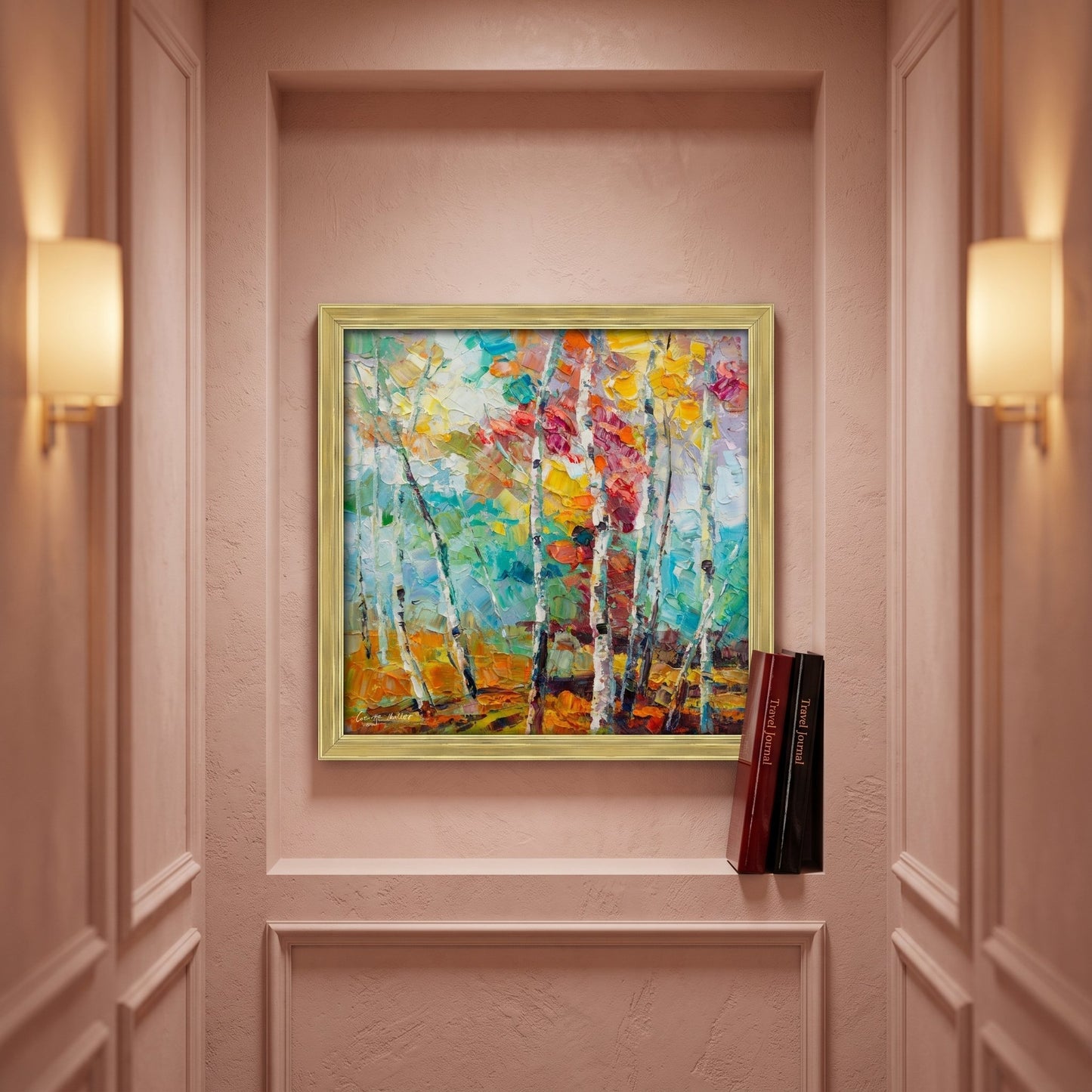 Entryway, Contemporary — Vibrant impressionist landscape painting elevates the space with bold color and texture under warm ambient light