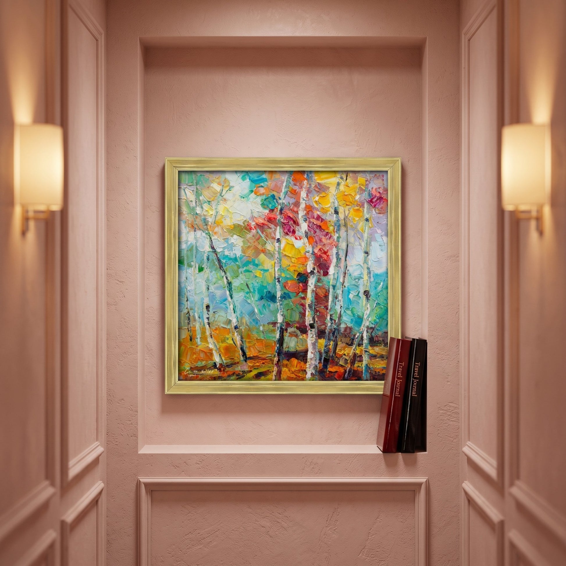 Entryway, Contemporary — Vibrant impressionist landscape painting elevates the space with bold color and texture under warm ambient light
