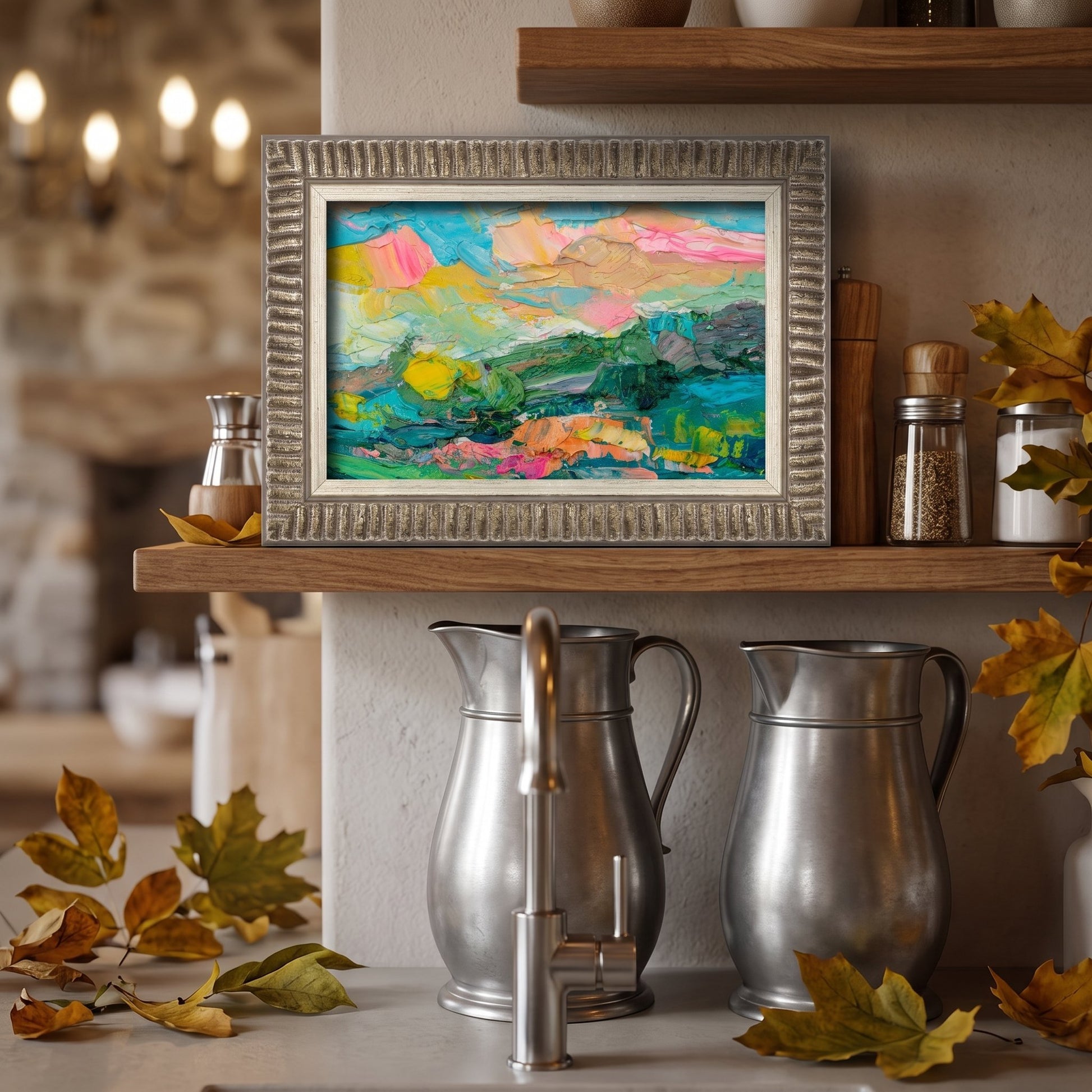 Rustic Farmhouse Kitchen — Vibrant Expressionist Landscape Adds Color and Energy to Warm, Earthy Space