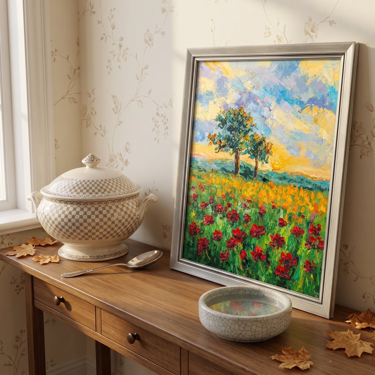 Vintage entryway — Impressionist landscape painting adds vibrant color and natural charm to classic decor