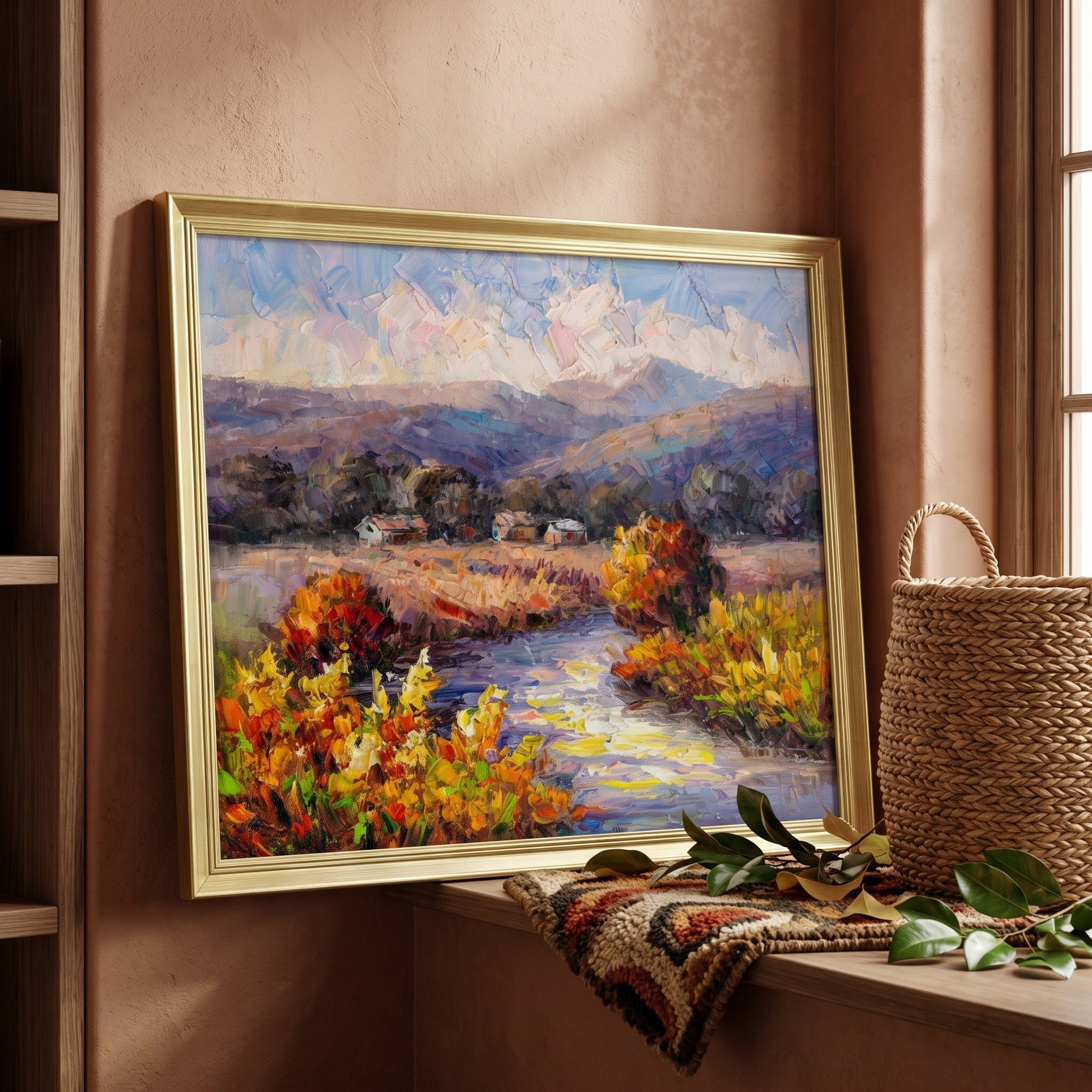 Rustic Farmhouse Living Room — Original Impressionist Landscape Painting Adds Warmth and Serenity with Vibrant Colors and Textured Brushwork