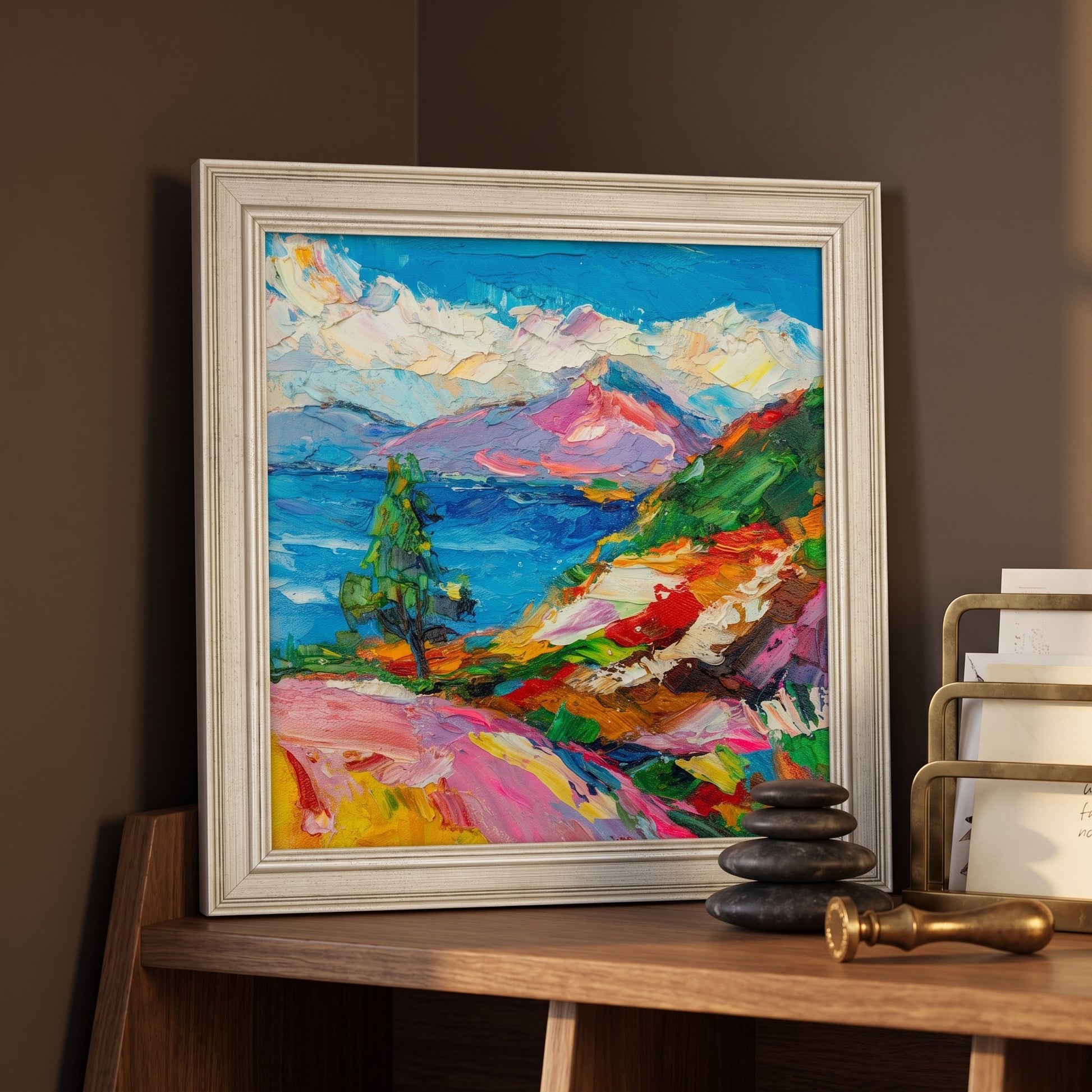 Contemporary living room — vibrant expressionist landscape painting adds bold color and emotion to minimalist decor