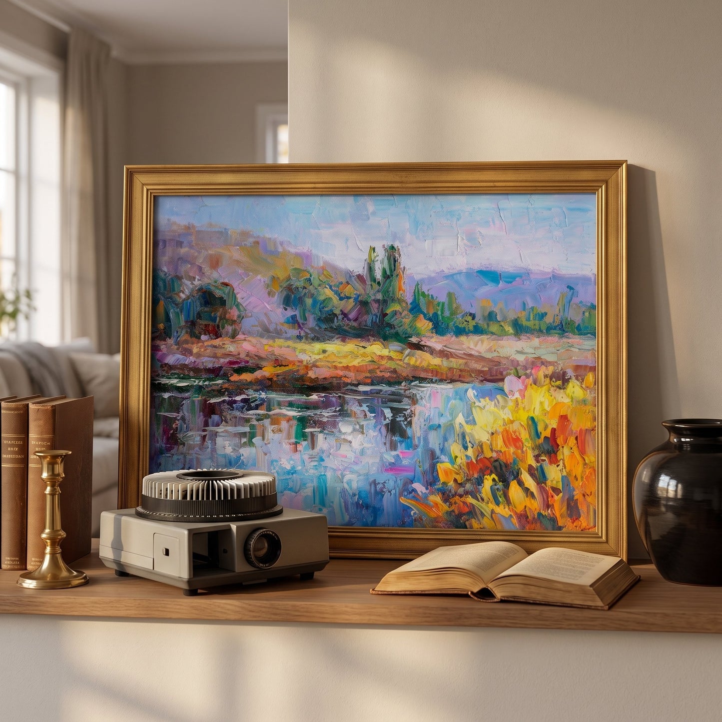 Contemporary living room — vibrant Impressionist landscape transforms neutral space with color and texture