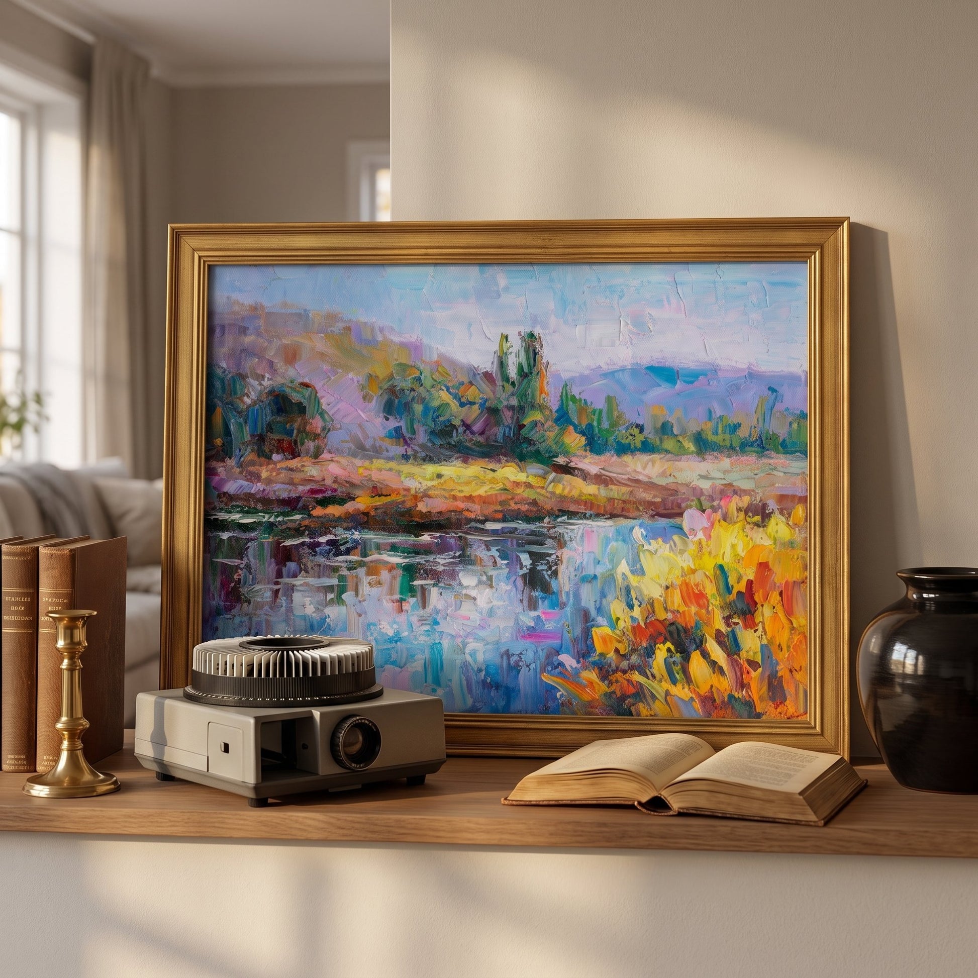 Contemporary living room — vibrant Impressionist landscape transforms neutral space with color and texture