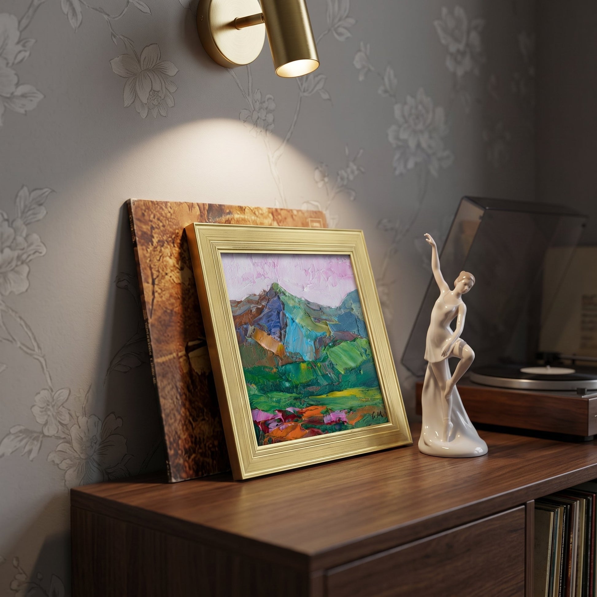 Mid-century modern living room — vibrant Expressionist landscape painting adds artistic energy and color contrast to a curated interior