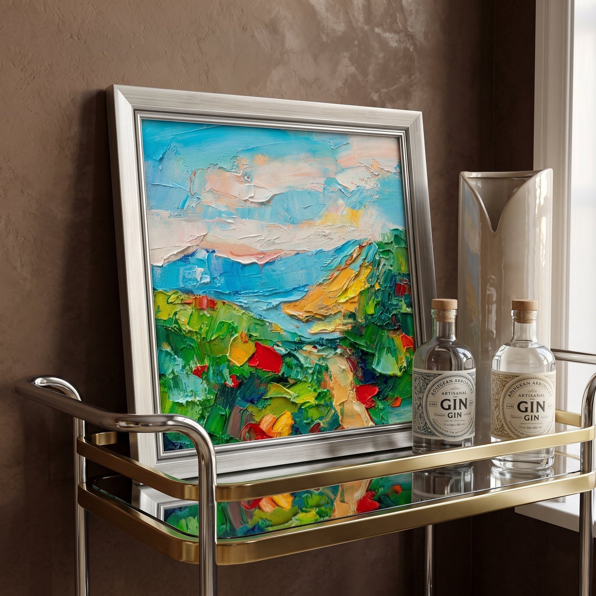 Contemporary living room — vibrant Impressionist landscape elevates minimalist space with bold color and texture