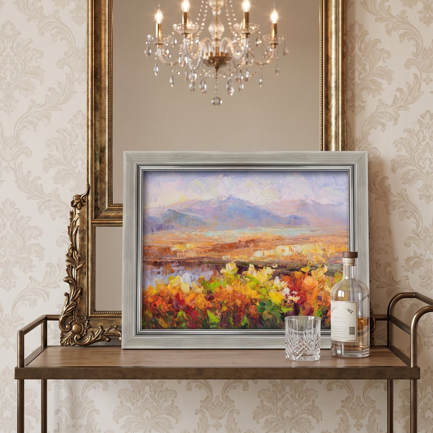 Entryway, ClassicElegant — Vibrant Impressionist landscape adds warmth and color to a sophisticated interior