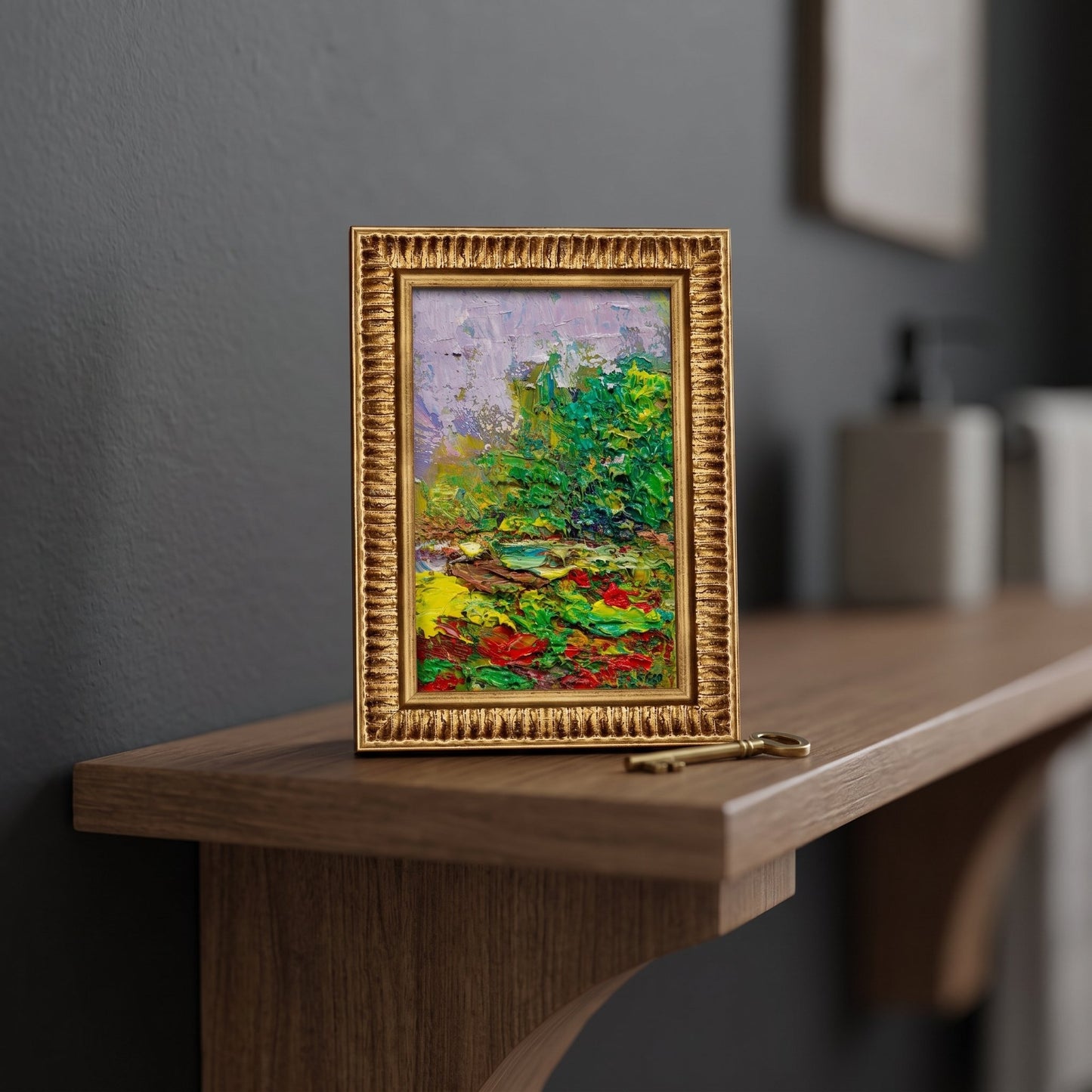 Minimalist entryway — Vibrant expressionist landscape adds color and emotion to a serene, modern space