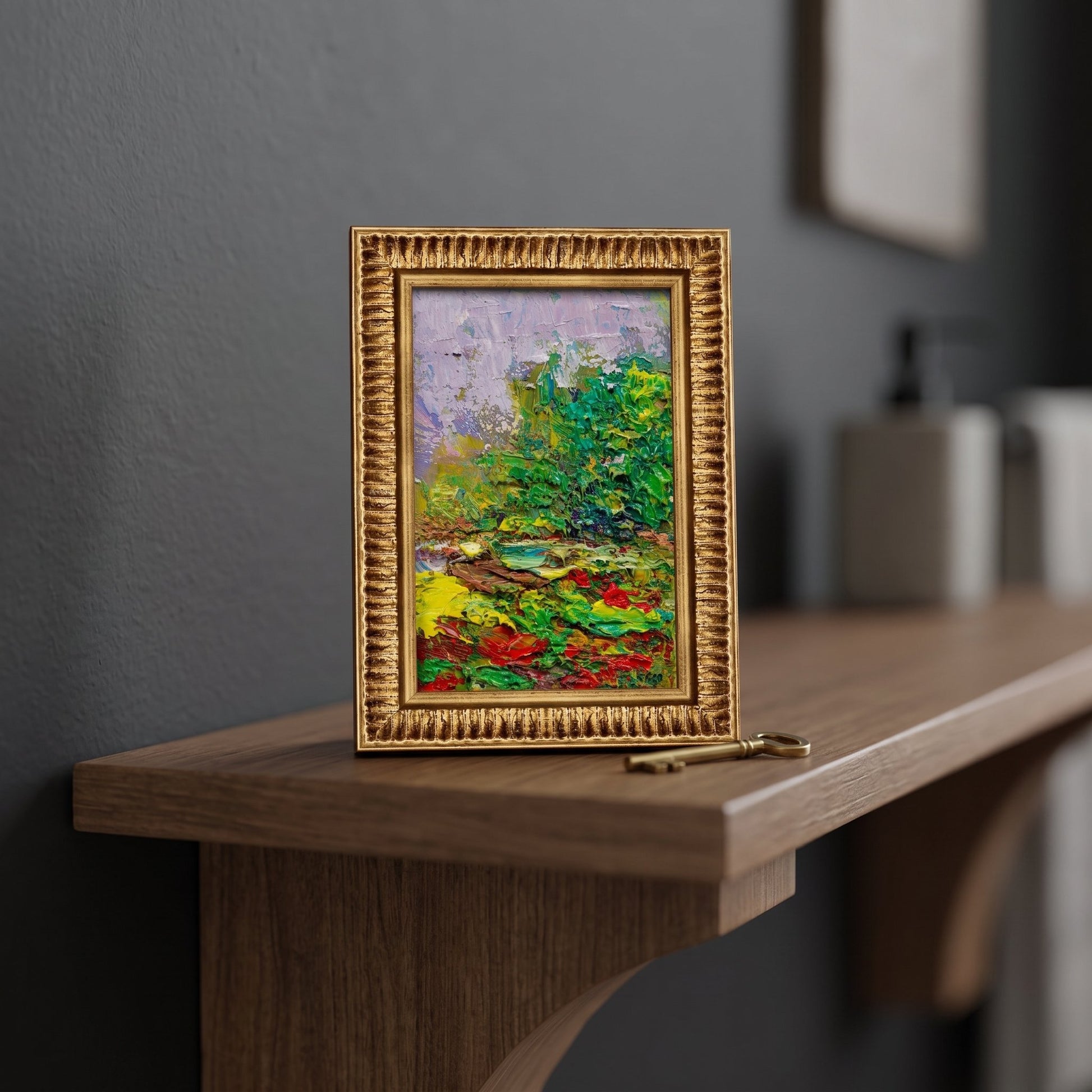 Minimalist entryway — Vibrant expressionist landscape adds color and emotion to a serene, modern space