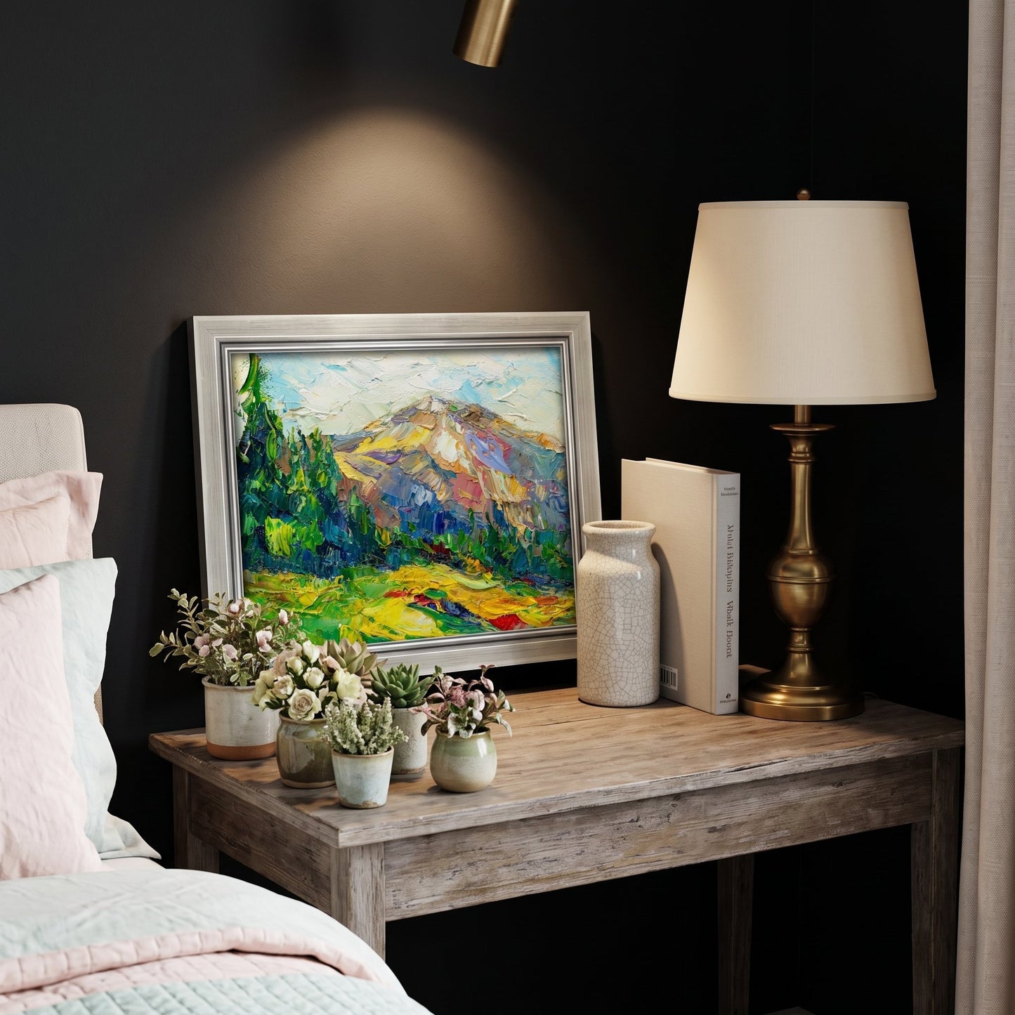 ModernRusticBedroom — VibrantImpressionistLandscapeElevatesDarkWalledSpaceWithColorAndTexture