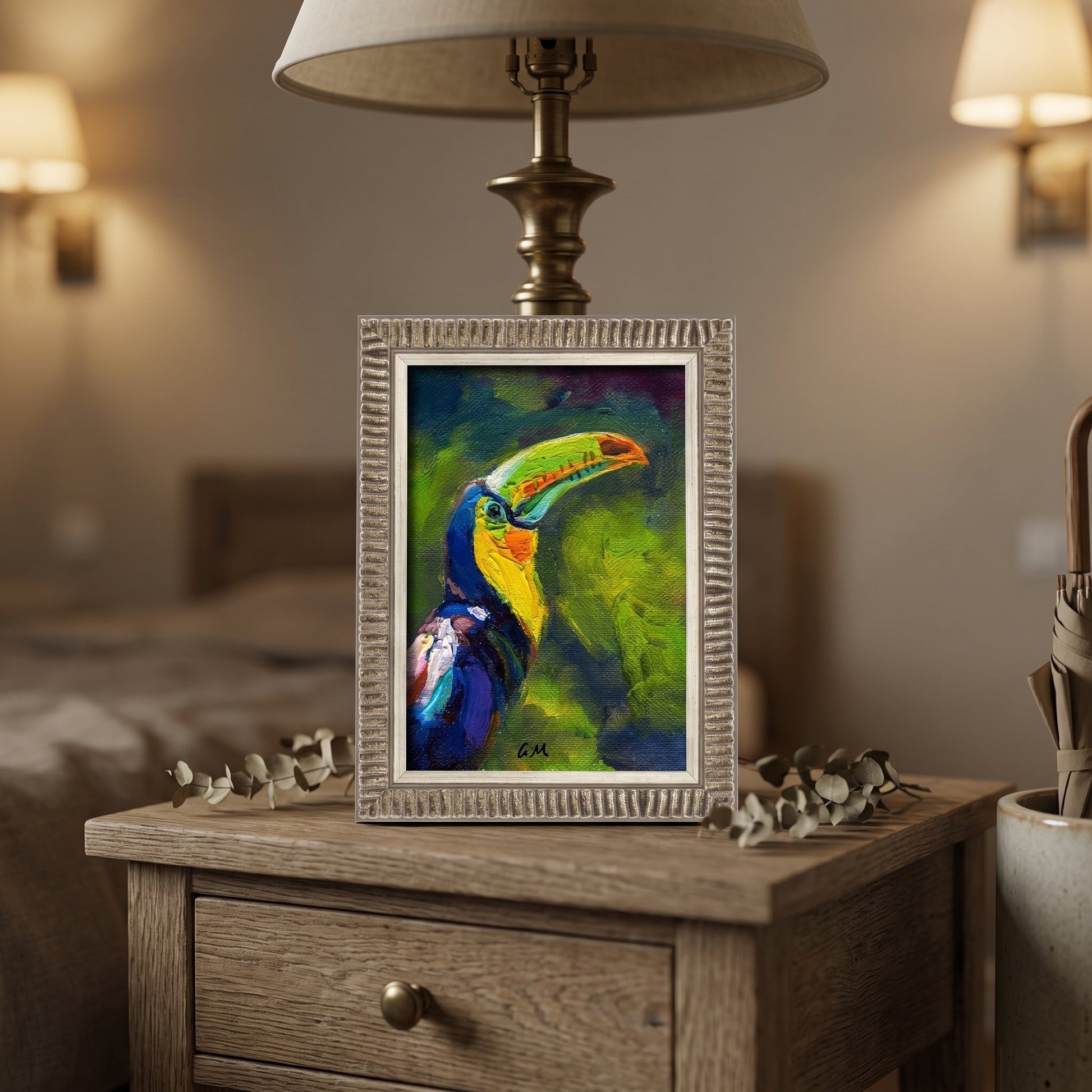 Rustic Farmhouse Bedroom — Vibrant expressionist toucan painting adds colorful energy to warm, natural-toned space